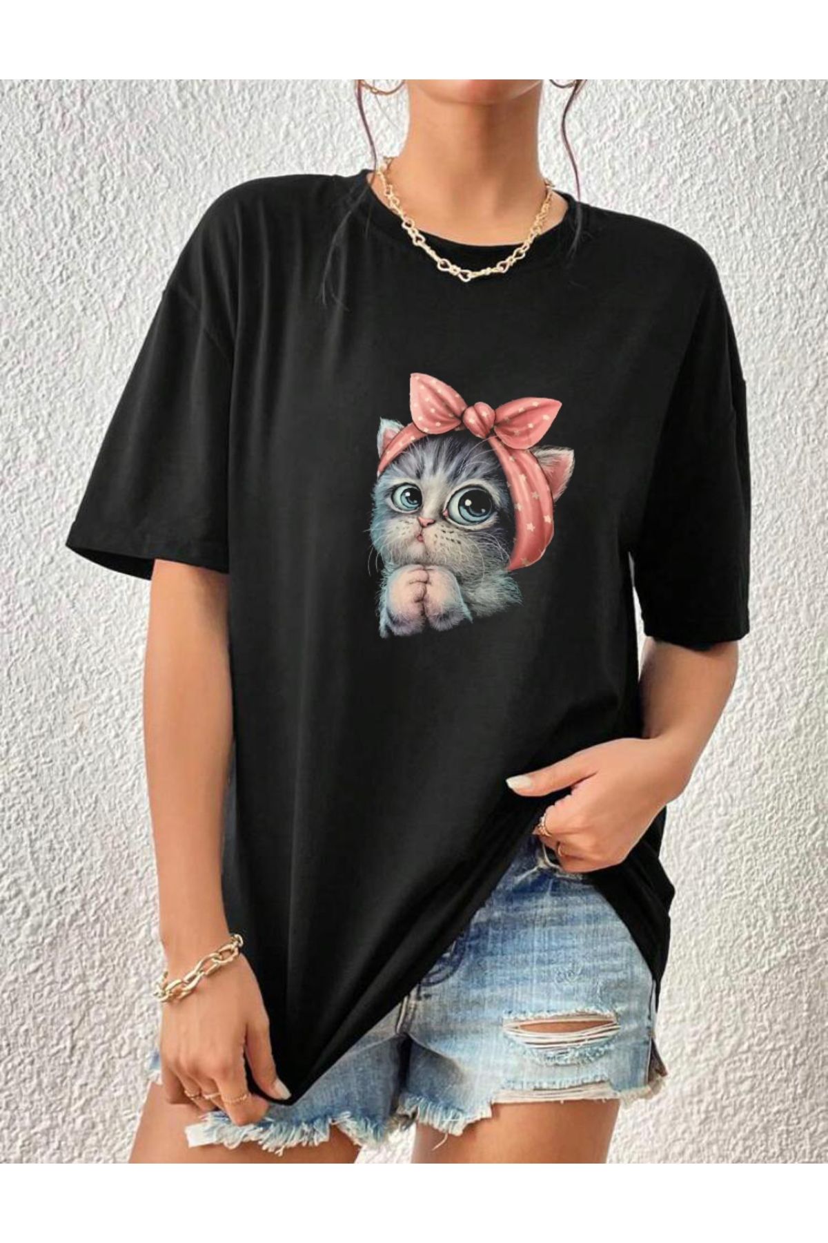 khufu Oversize Siyah Kedi Baskılı Rahat Kesim T-shirt unisex