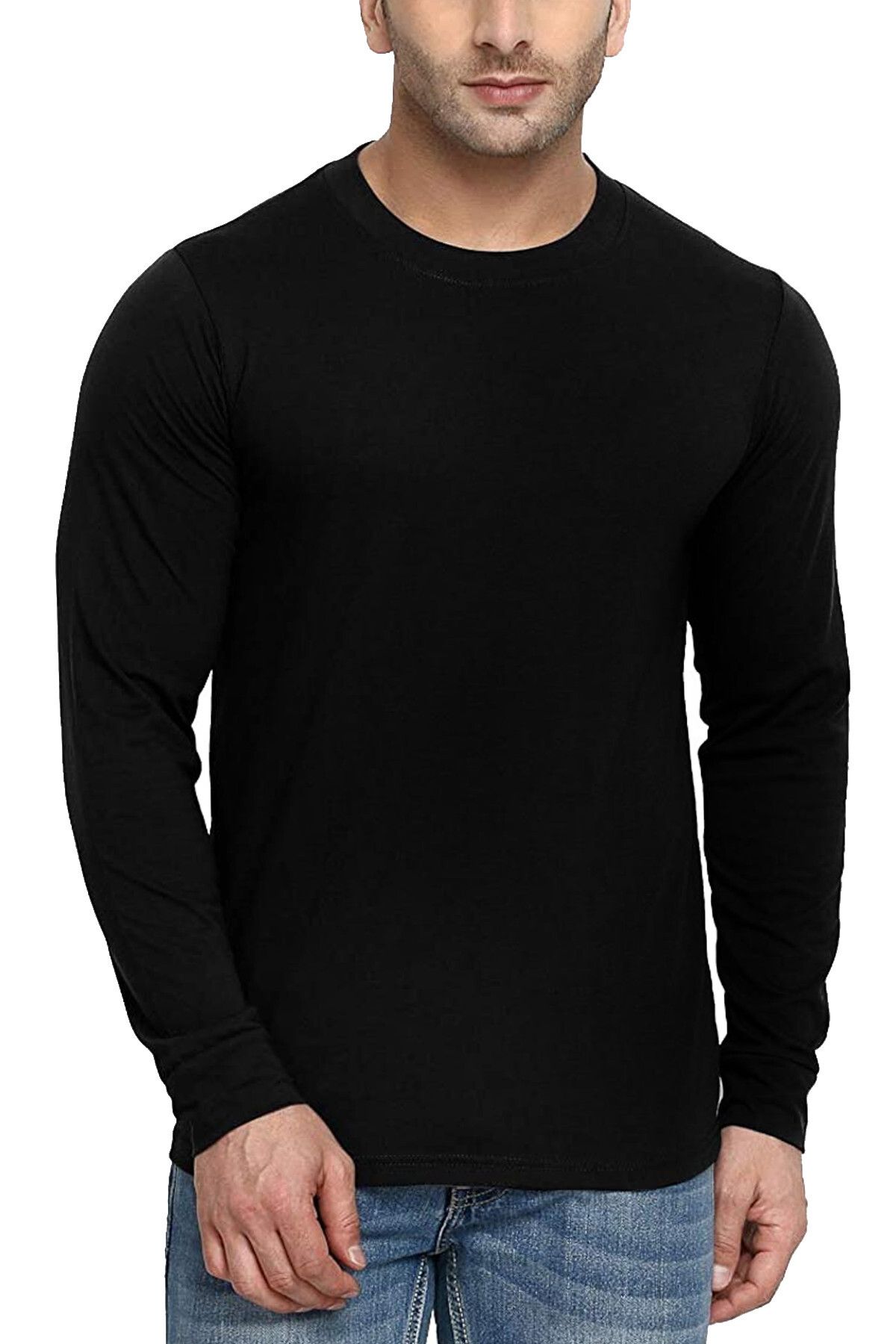 ROCKANDROLL Düz Siyah Bisiklet Yaka Uzun Kollu Erkek Penye T-shirt