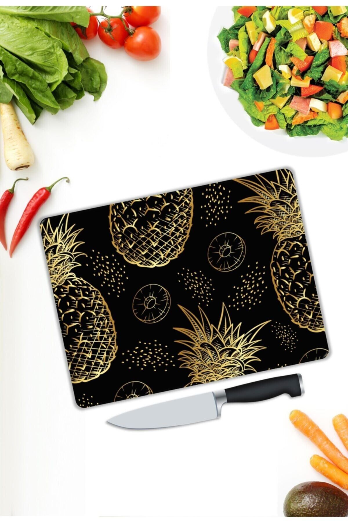 Deck Dk001 seri  Ananas Desenli | Cam Kesme Tahtası |  25 x 35 cm