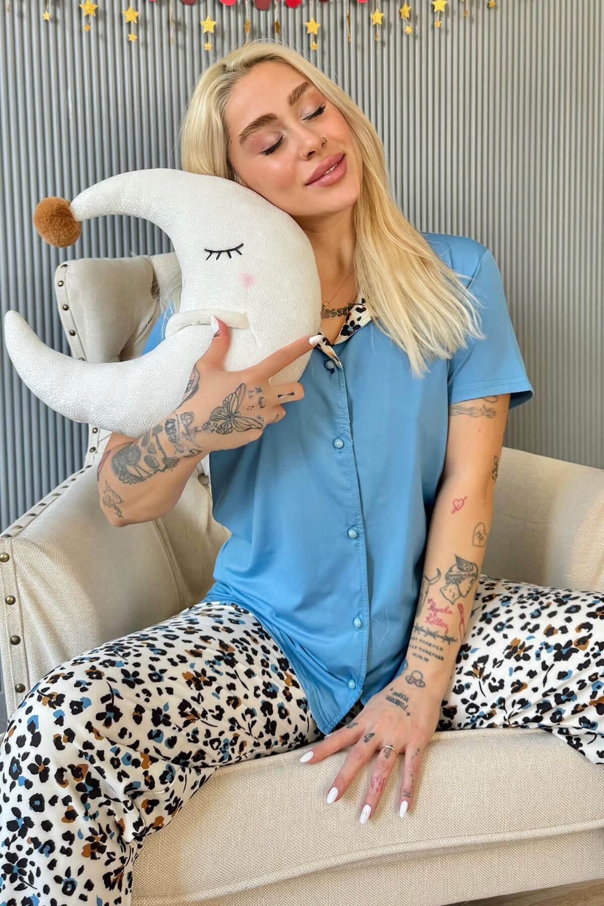 Pijamaevi Mavi Florado Exclusive Önden Düğmeli Kısa Kollu Kadın Pijama Takımı