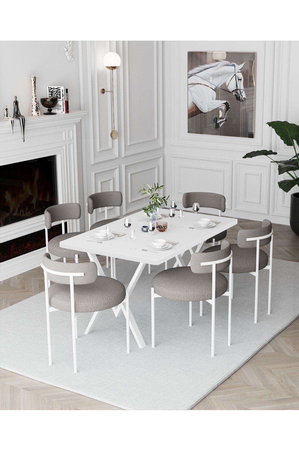 Avvio Larina Beyaz Teddy Sandalye 80x140 Yemek Masası Mutfak Masası 6 Kişilik Masa Sandalye Takımı
