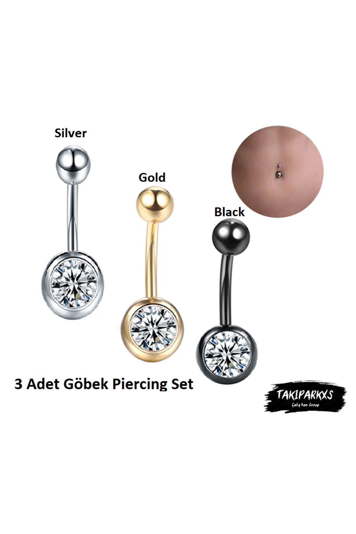 Takıparkxs Cerrahi Çelik Zirkon Taşlı 3 Renkli Silver Gold Black 3 Adet Göbek Piercing Set 316l