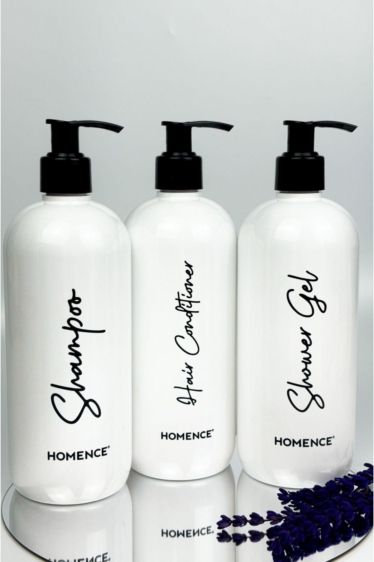 homence Şampuan Duş Jeli Saç Kremi Baskılı Plastik Şişe Banyo Seti 3'lü Beyaz 500 ml