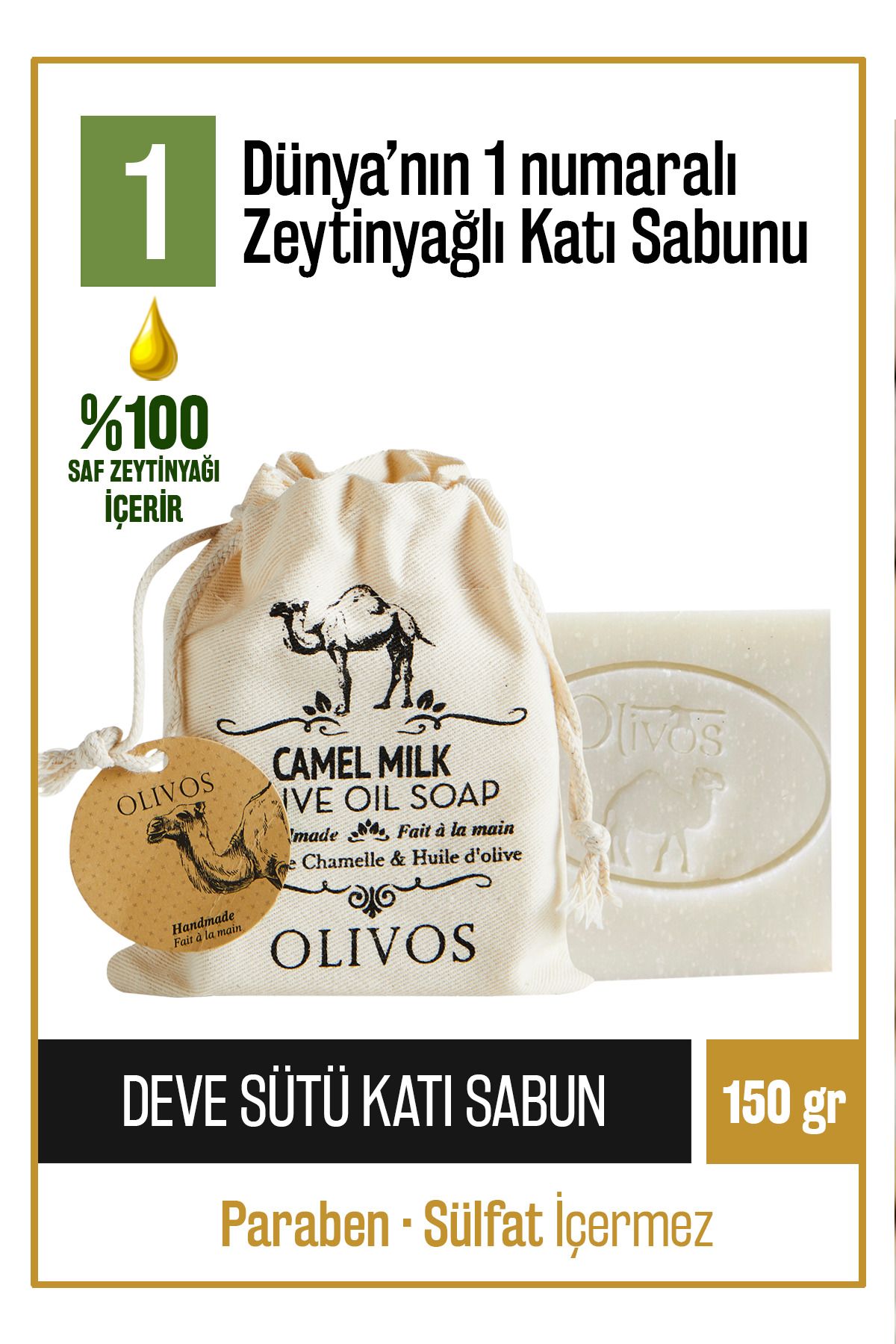 Olivos Doğal Deve Sütü Ve Zeytinyağlı Katı Sabun Deve Sütlü El Sabunu Yoğun Nemlendirici Kese Hediye 150 Gr