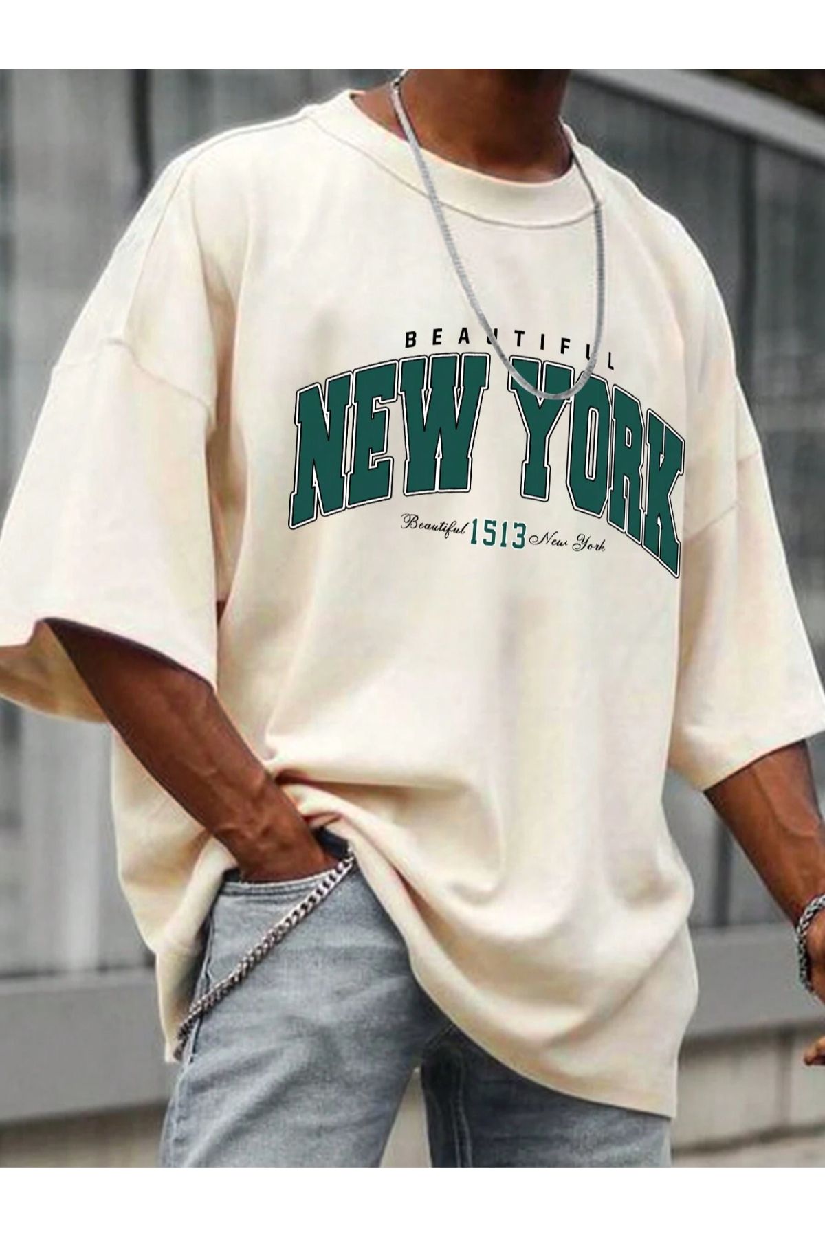 Black Sokak Beautiful New York Baskılı Oversize Bej Erkek Tişört