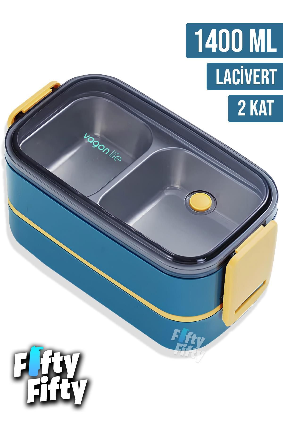 Vagonlife 1400 ML İki Kat Üç Bölme Paslanmaz Çelik Bento Lunch Box Yeni Nesil Sefer Tası -Çatal/Kaşı