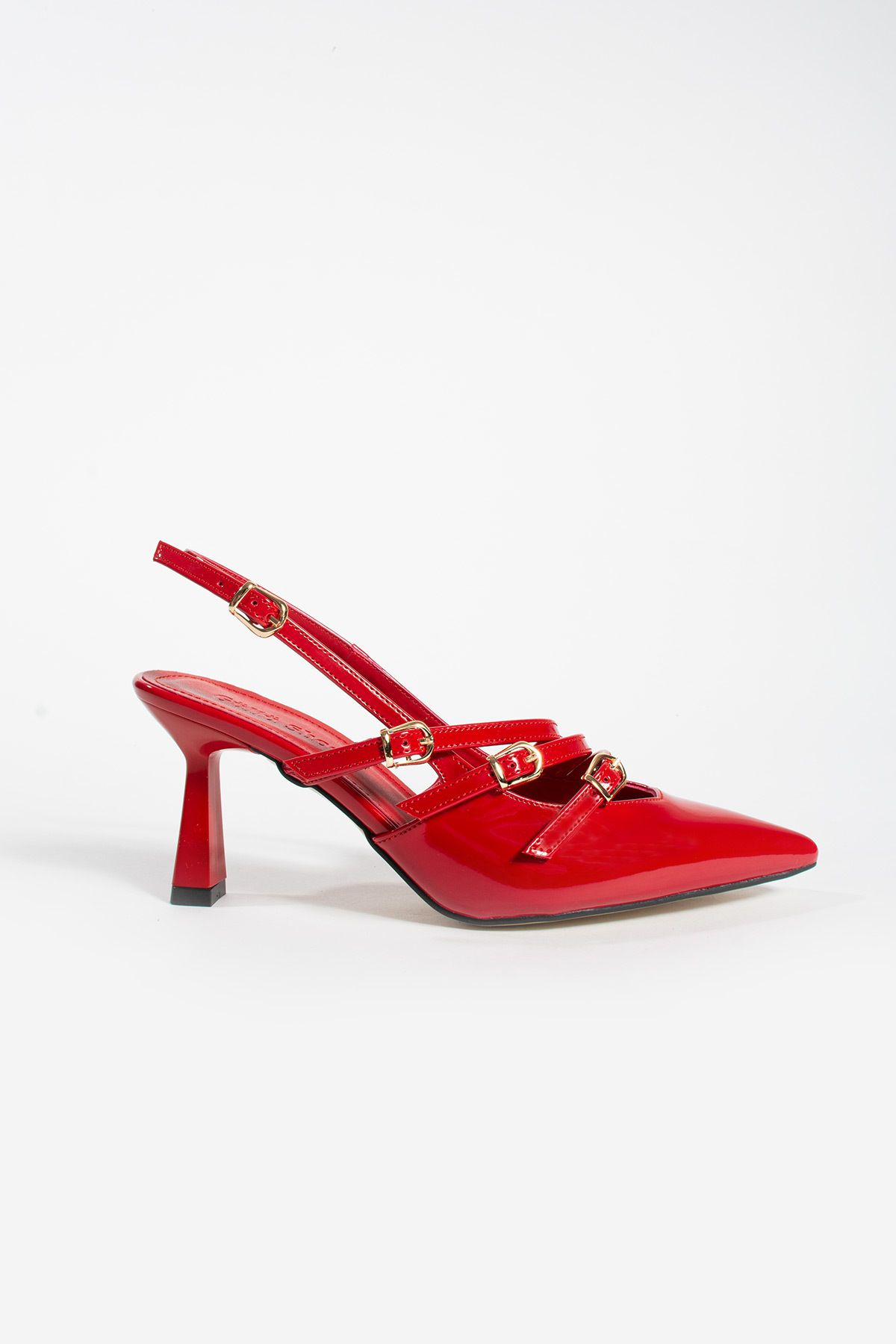 Güllü Shoes Kadın Topuklu Ayakkabı 3 Bantlı Toka Detaylı Sivri Burun Rugan Stiletto Rahat Şık Ve Modern 8cm