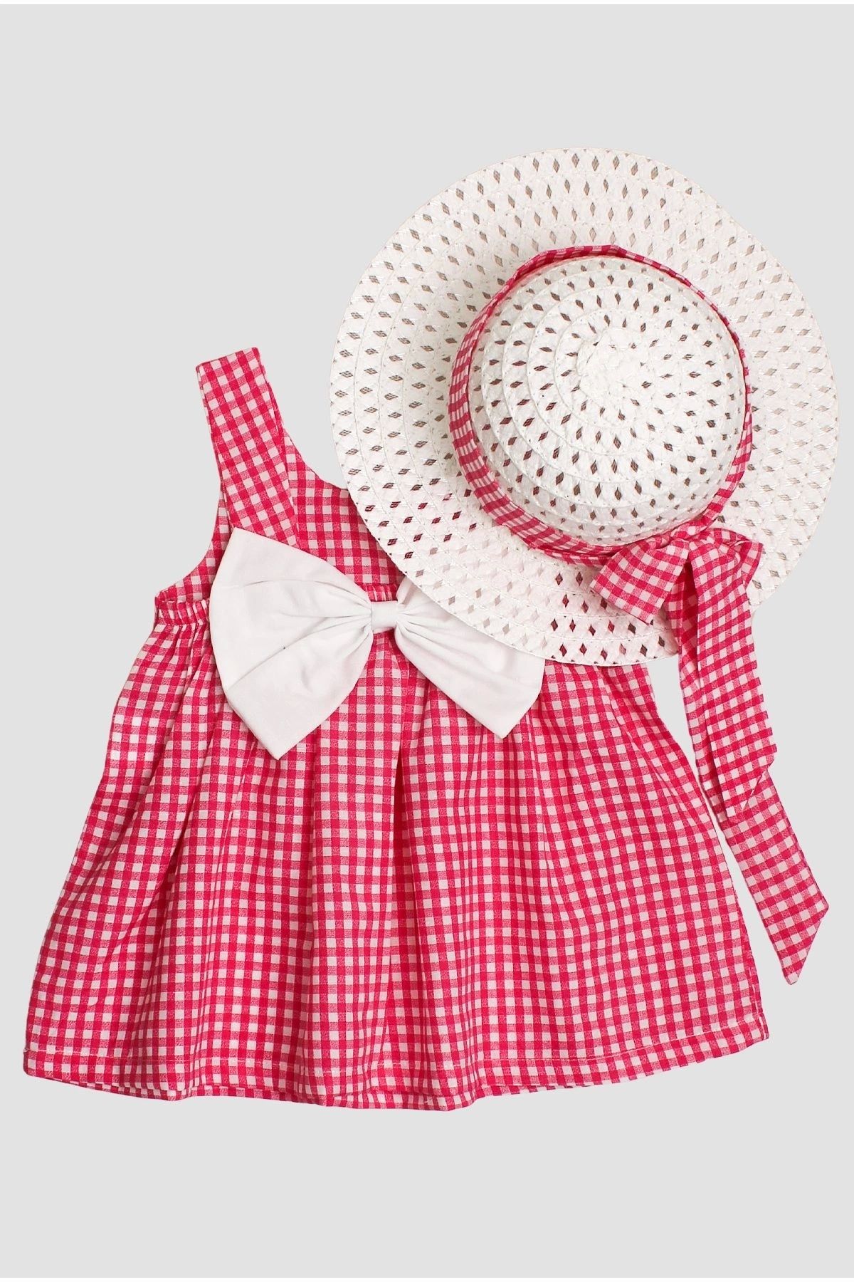 Chicsy Baby Şapkalı Kareli Askılı 2’li Kız Bebek Elbisesi