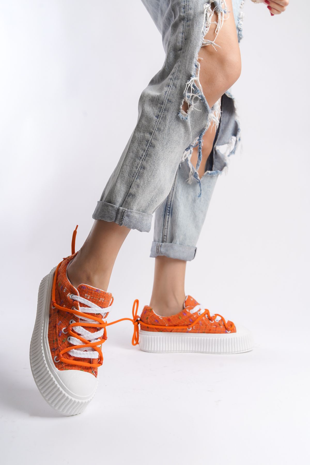 Limeo Turuncu Tekstil Yüksek Taban Bilekten Bağcık Detaylı Yumuşak  Sneaker Kadın Günlük Spor Ayakkabısı