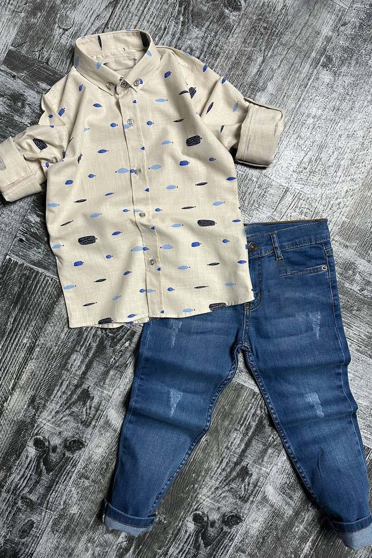 Riccotarz Erkek Çocuk Likralı Jeans Balık Baskılı Dokuma Bej Gömlek Alt Üst Takım