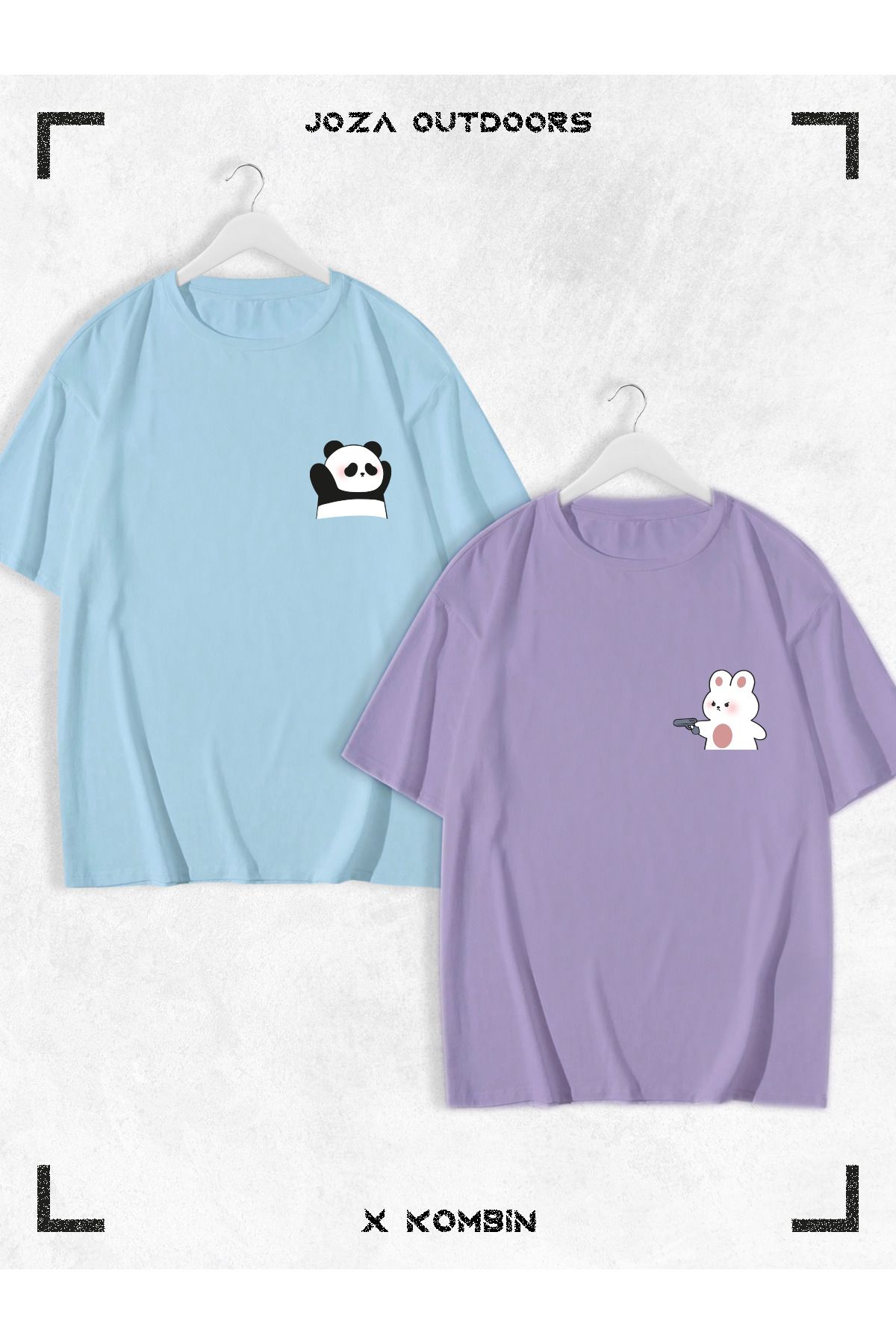Joza Outdoors Kadın Erkek Unisex Sevimli Ayı Panda Baskılı Sevgili Çift Kombini Oversize Renkli Tshirt 2'li Takım