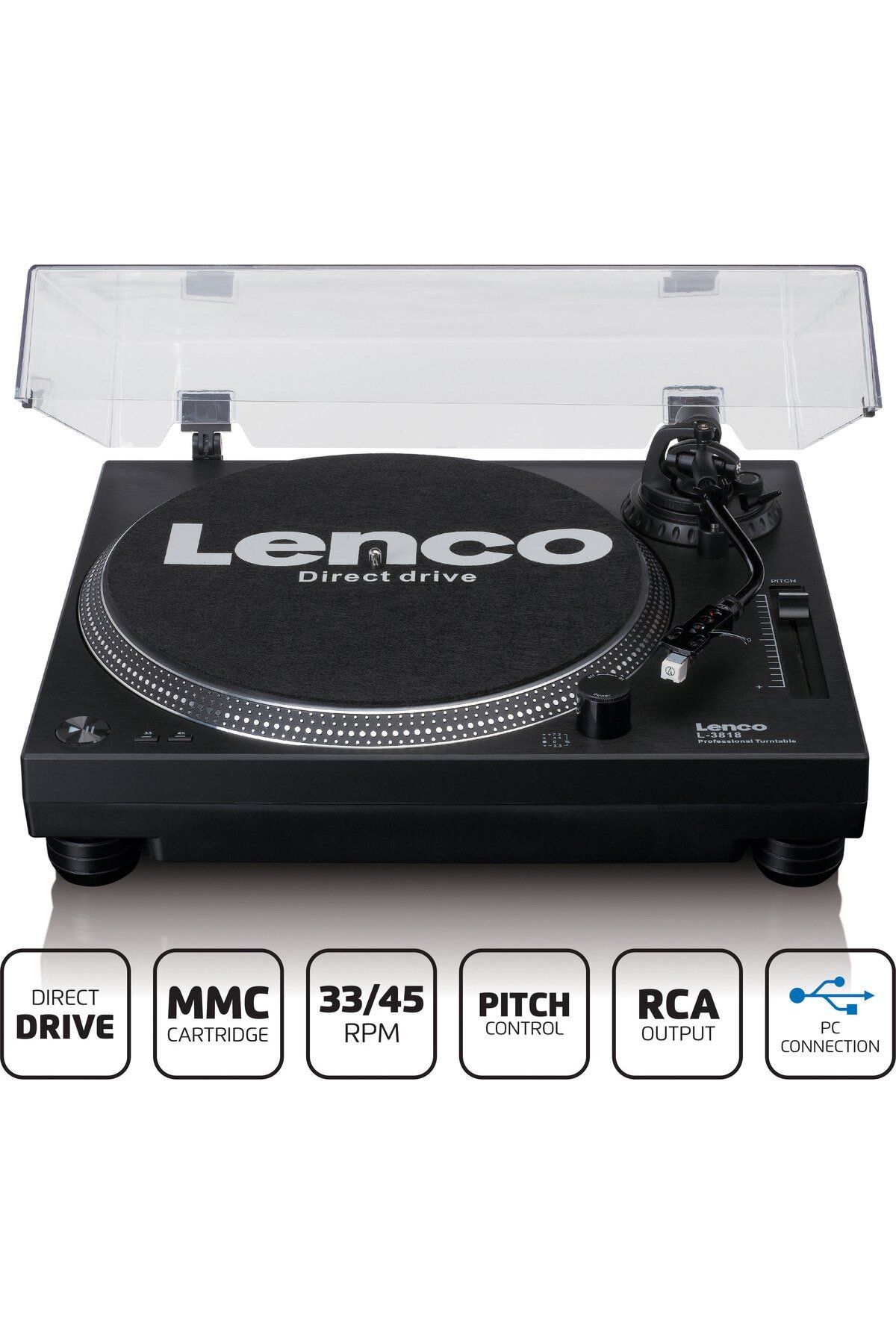 Lenco PİKAP - L-3818BK - USB/PC Kodlamalı, Direct drive, profesyonel