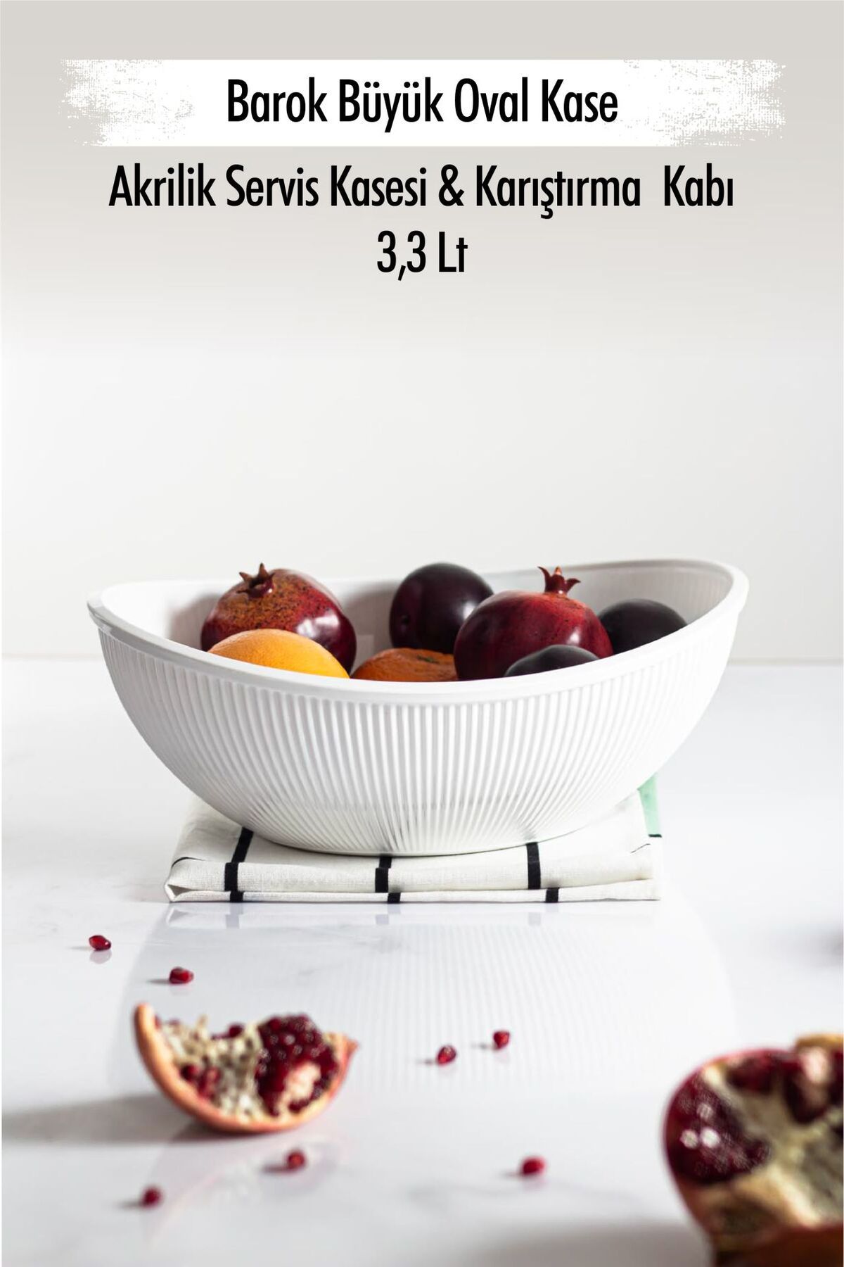 Genel Markalar Akrilik Barok Beyaz Büyük Oval Meyve & Salata Kasesi & Karıştırma Kabı / 3,3 Lt  (CAM DEĞİLDİR)