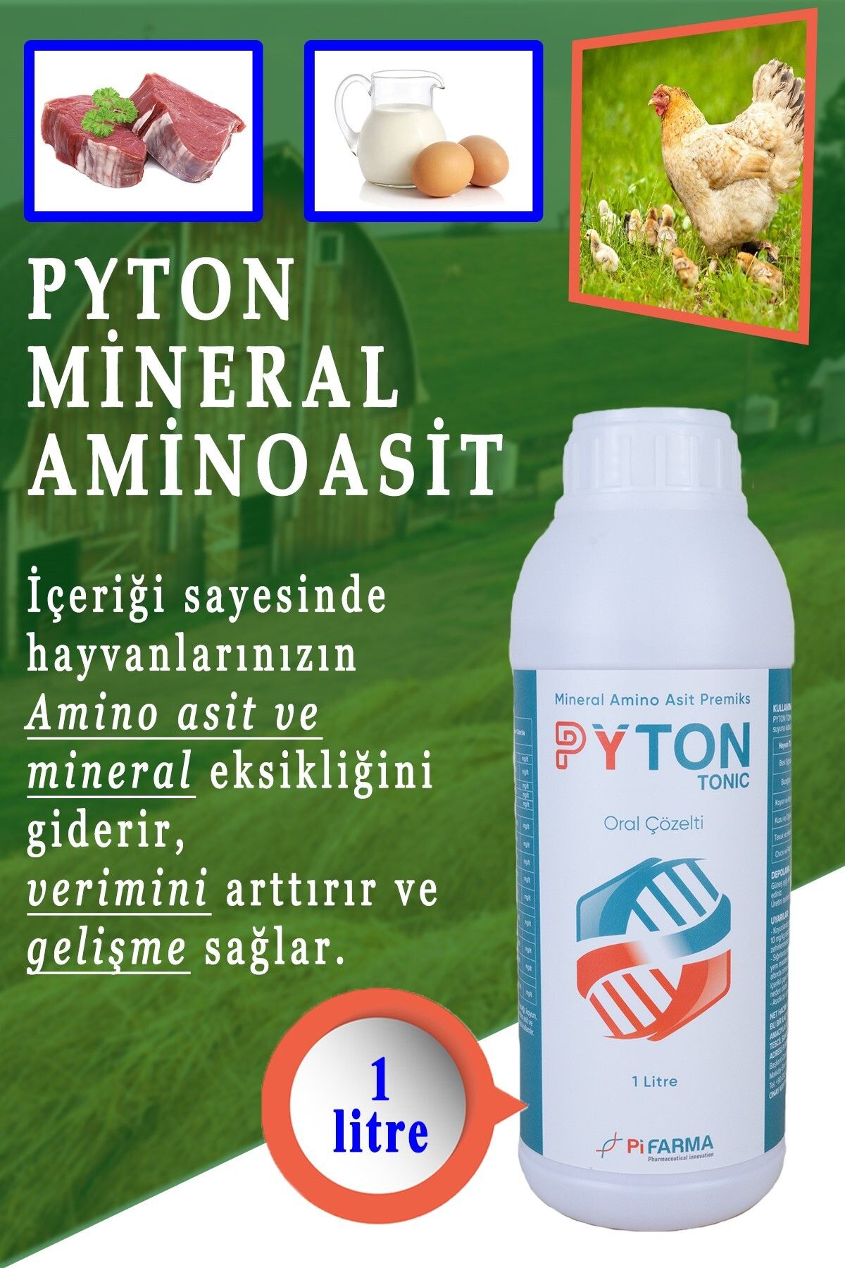 PİFARMA Pyton Tonic 1 Lt Kanatlı Vitamin Likit Mineral Premiks Tavuk Güvercin Civciv Muhabbet Kuşu Papağan
