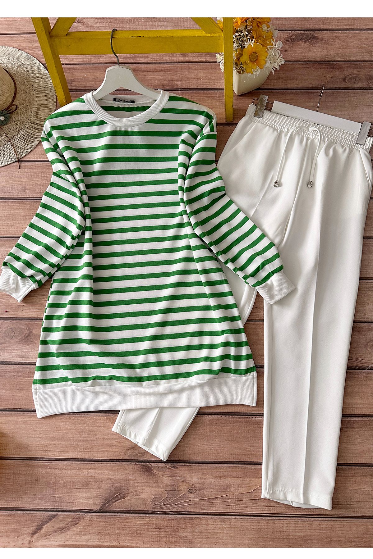 MODAQU Kombin-Çizgili Tunik Ve Pantolon Takım - Yeşil