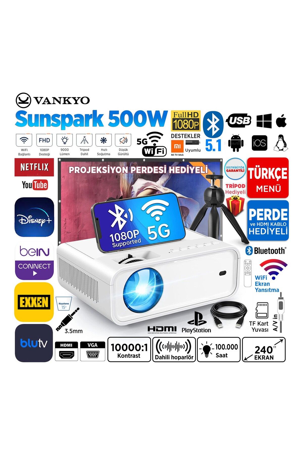 sommeow Sunspark 500W 1080P Destekli Wifi   Bluetooth Lcd Led Projeksiyon Cihazı - 240 Inç Yansıtma