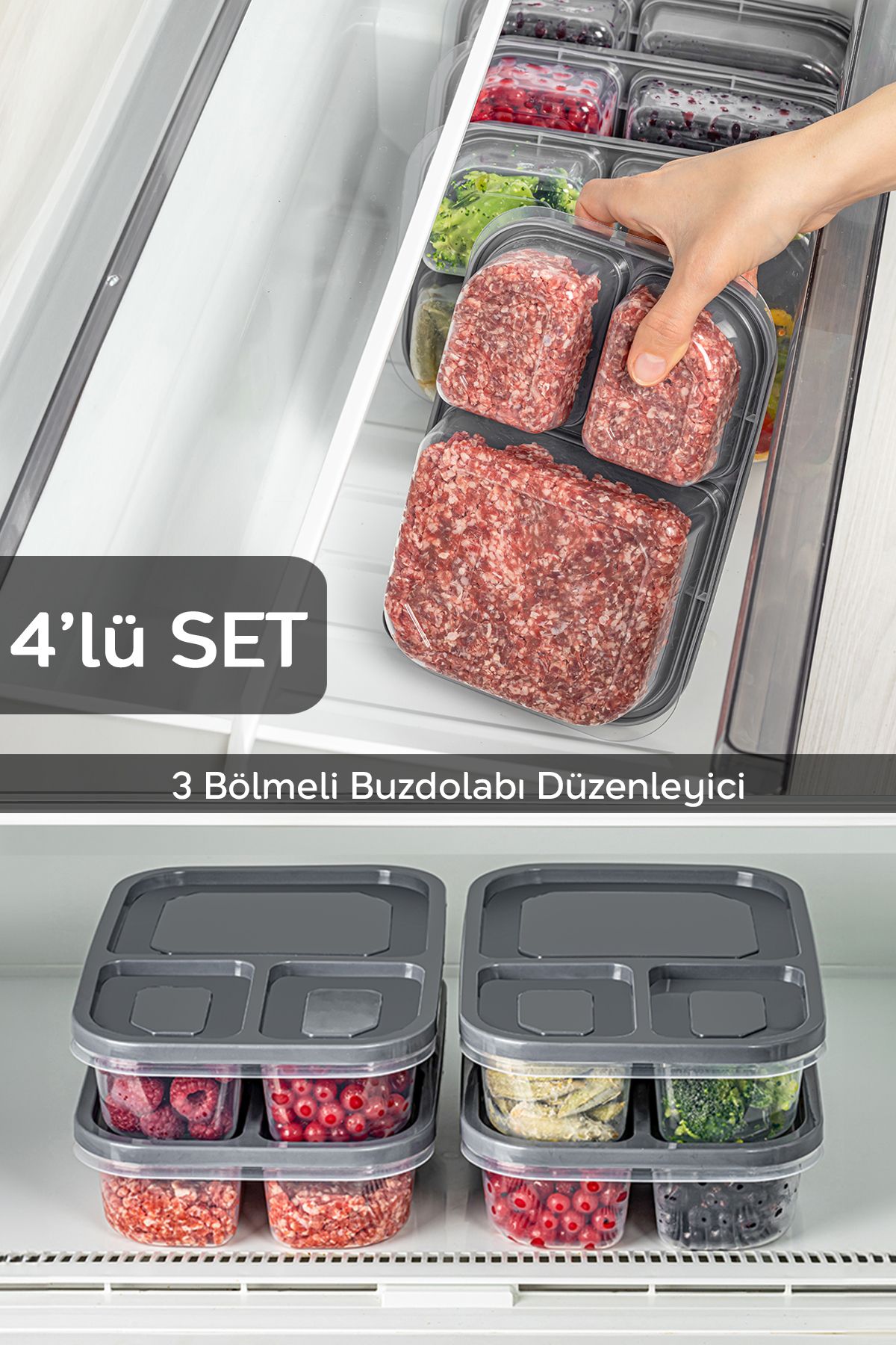 Meleni Home 4'lü Set 3 Bölmeli Kapaklı Dikdörtgen Saklama Kabı-Taşınabilir Kahvaltılık Diyet Ve Beslenme Kutusu