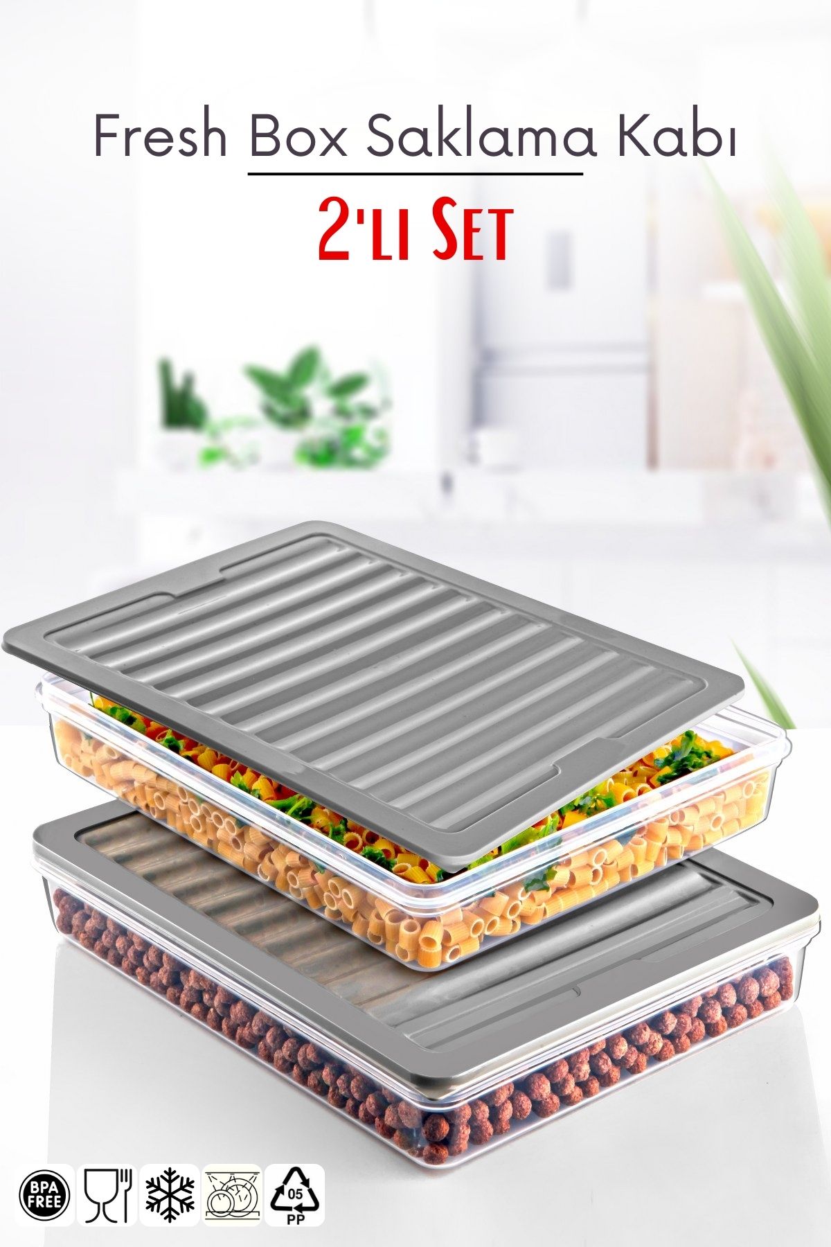 Nandy Home 2 Li Set Freshbox Mikrodalga Ve Difrize Uygun Saklama Kabı Gri