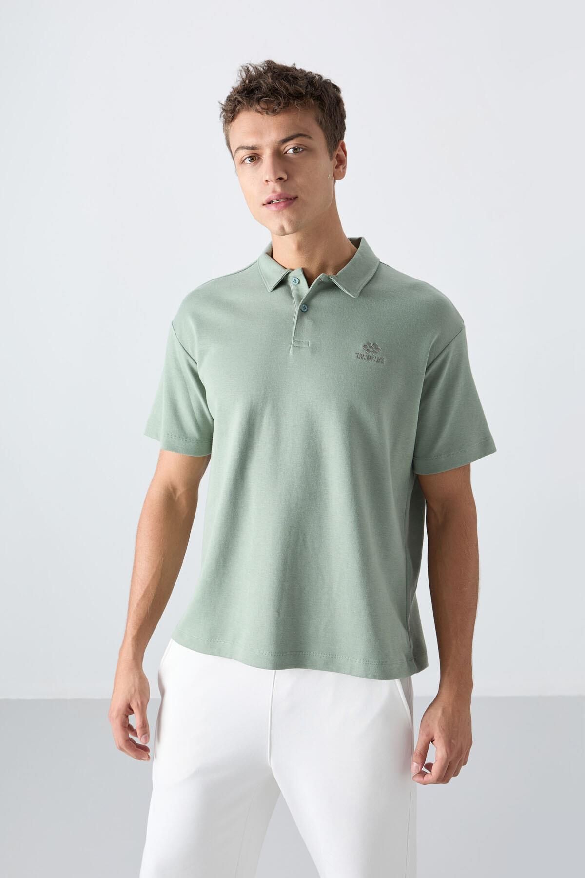 TOMMY LIFE Açık Yeşil Pamuklu Kalın Yumuşak Dokulu Oversize Fit Basic Polo Yaka Erkek T-Shirt - 88327