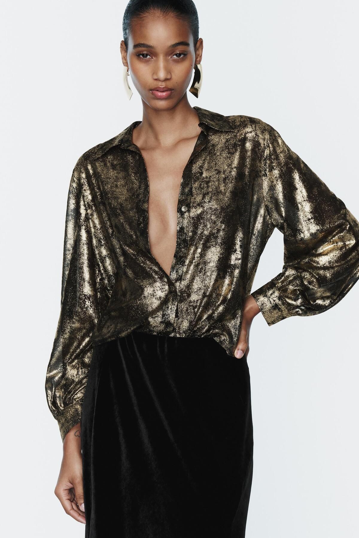 Glysso Kadın Gold Oversize Dökümlü Saten Gömlek