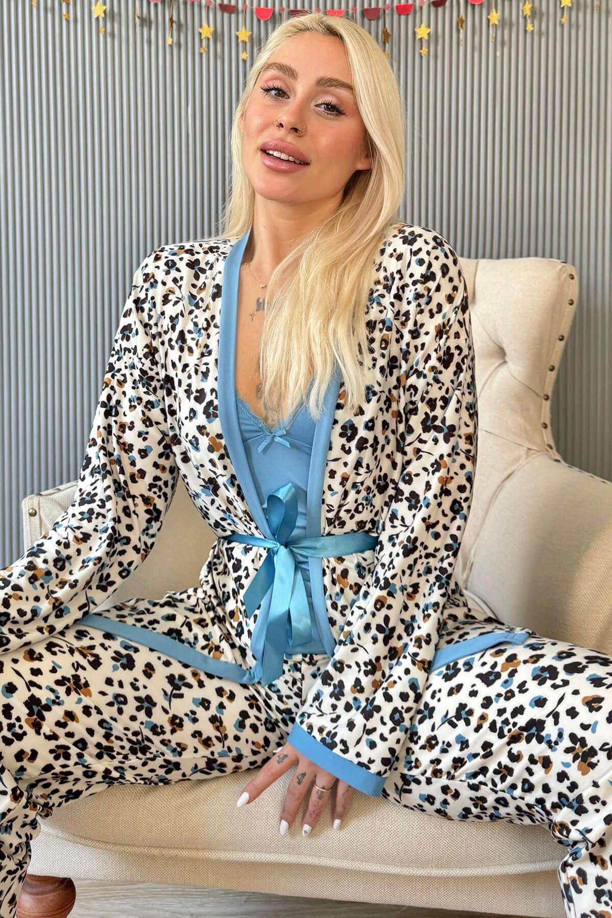 Pijamaevi Mavi Flore Exclusive Örme Sabahlıklı Kadın Pijama Takımı