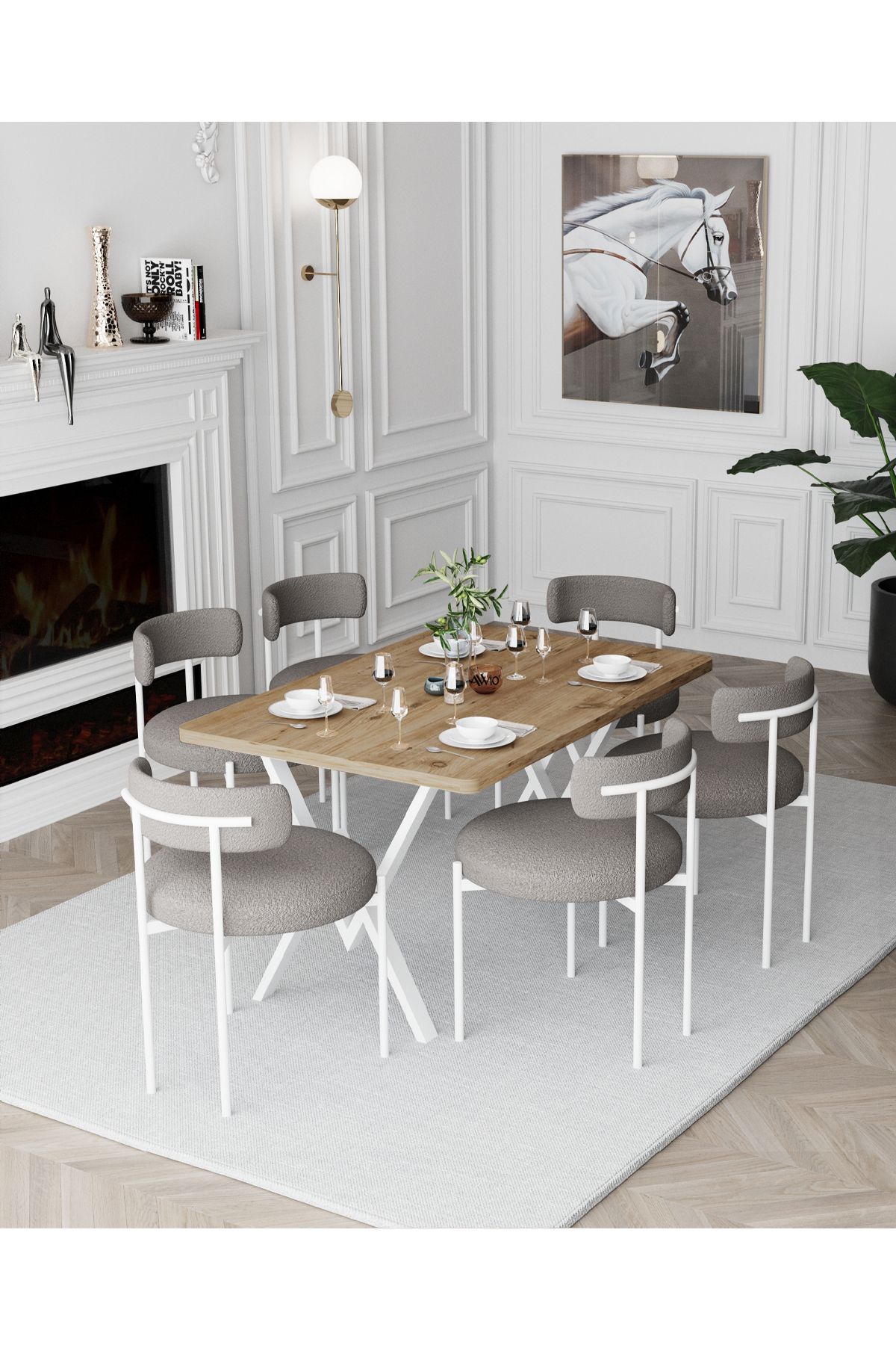 Avvio Larina Beyaz Teddy Sandalye 80x140 Yemek Masası Mutfak Masası 6 Kişilik Masa Sandalye Takımı