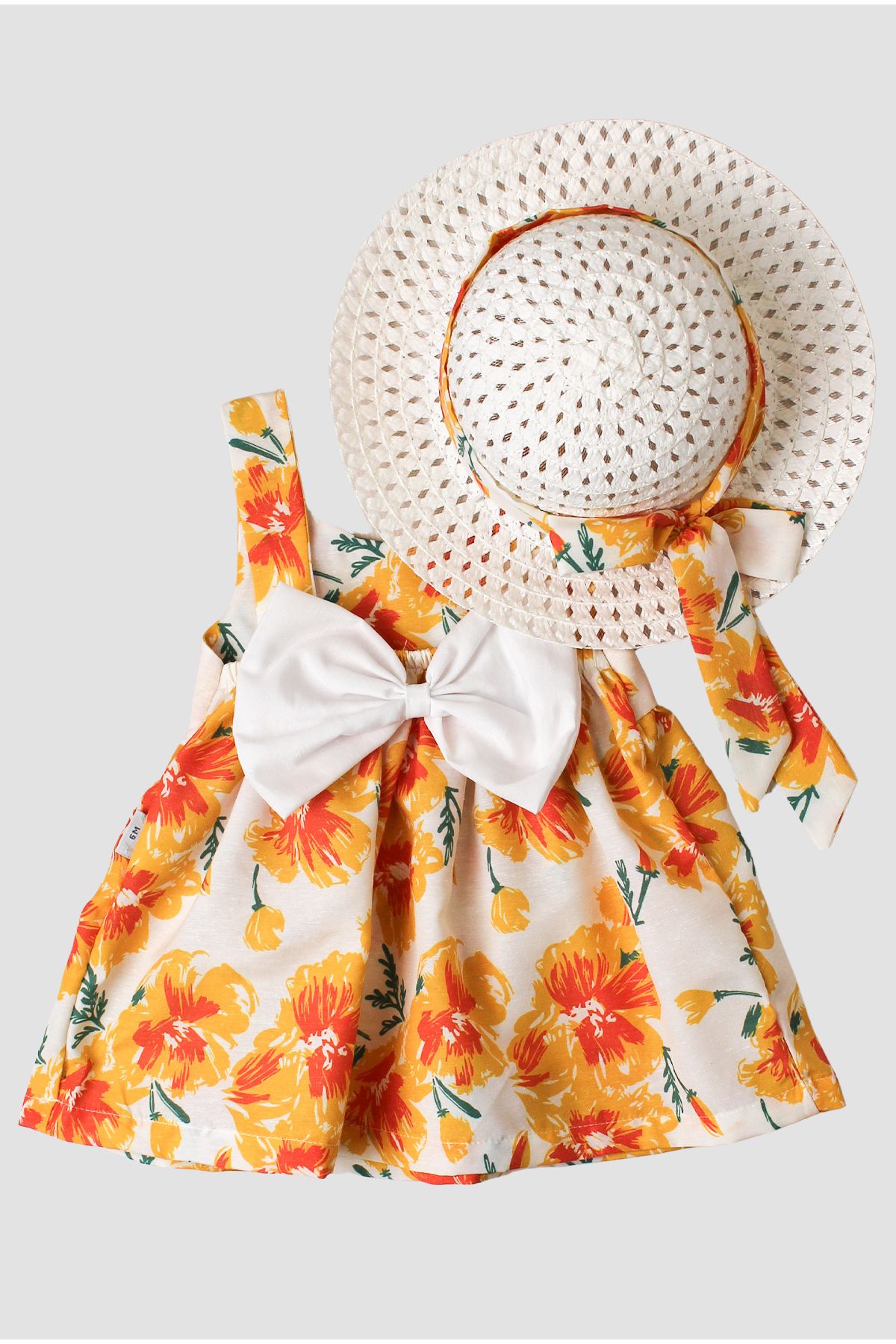 Chicsy Baby Şapkalı Çiçek Desenli Fiyonklu Kız Bebek Elbisesi