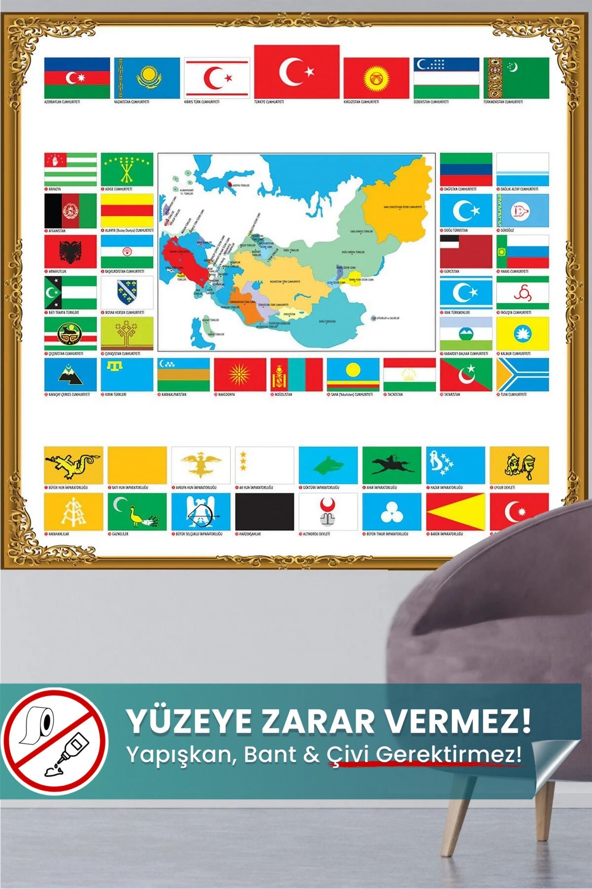 Evbuya Türk Dünyası Haritası, Bayrakları ve Türklerin Yaşadığı Bölgeler Statik Tutunan Akıllı Kağıt Harita