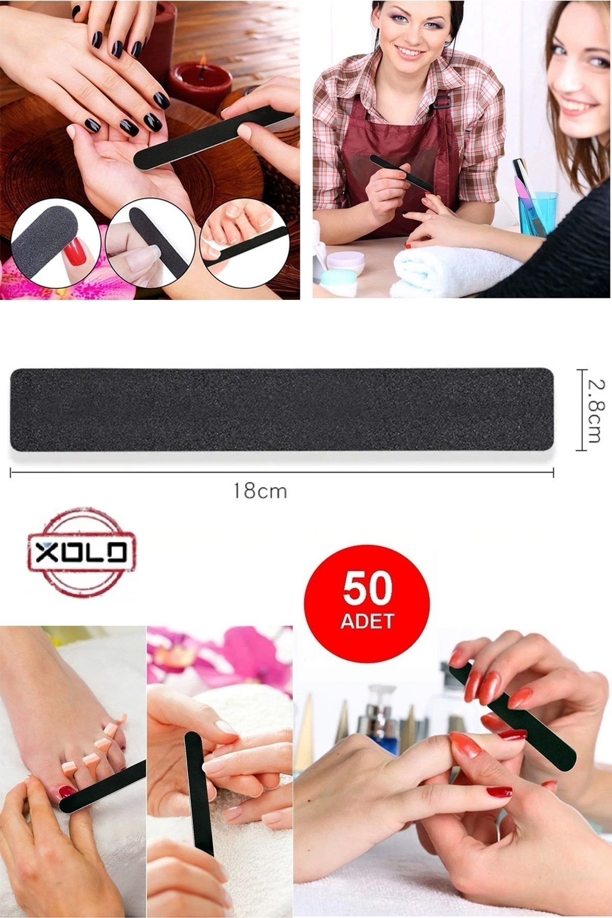 Xolo 50 Adet Profesyonel Kağıt Törpü 100/180 Uzun Köşeli Siyah 18 Cm Protez Tırnak XLT902