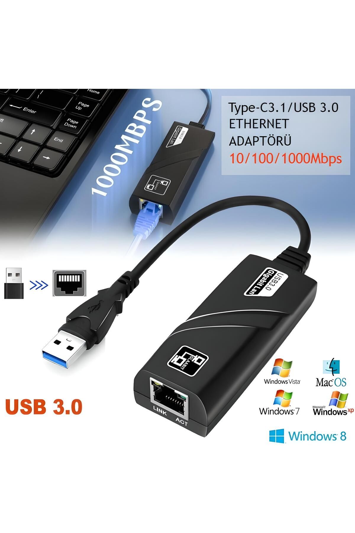 nextbuy Type-C3.1 Usb 3.0 Gigabit Ethernet Adaptörü Kablolu USB Dönüştürücü 1000 Mbps Laptop PC Çevirici