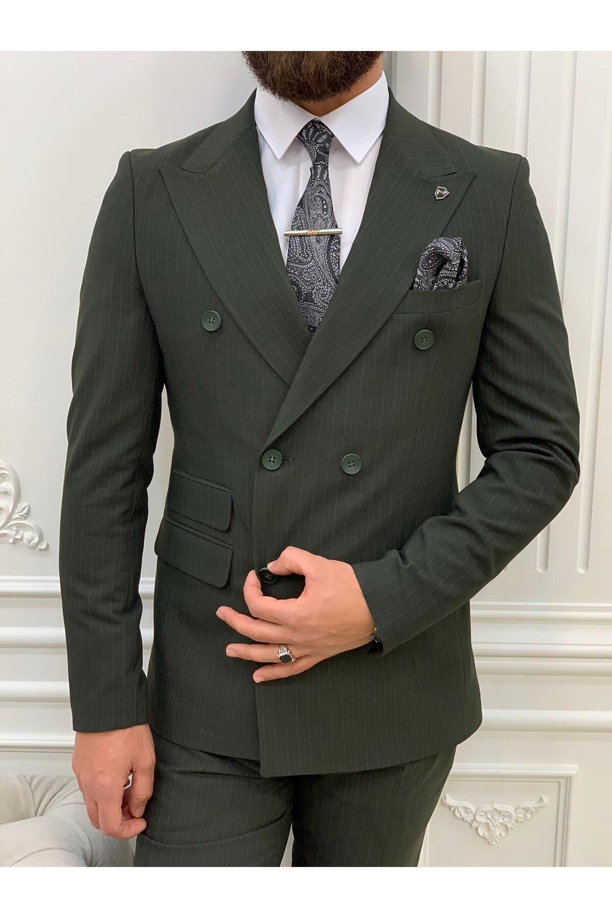 LONATOLİA Erkek Çizgili Kruvaze Takım Elbise İtalyan Kesim Slim Fit Ceket Pantolon-Yeşil