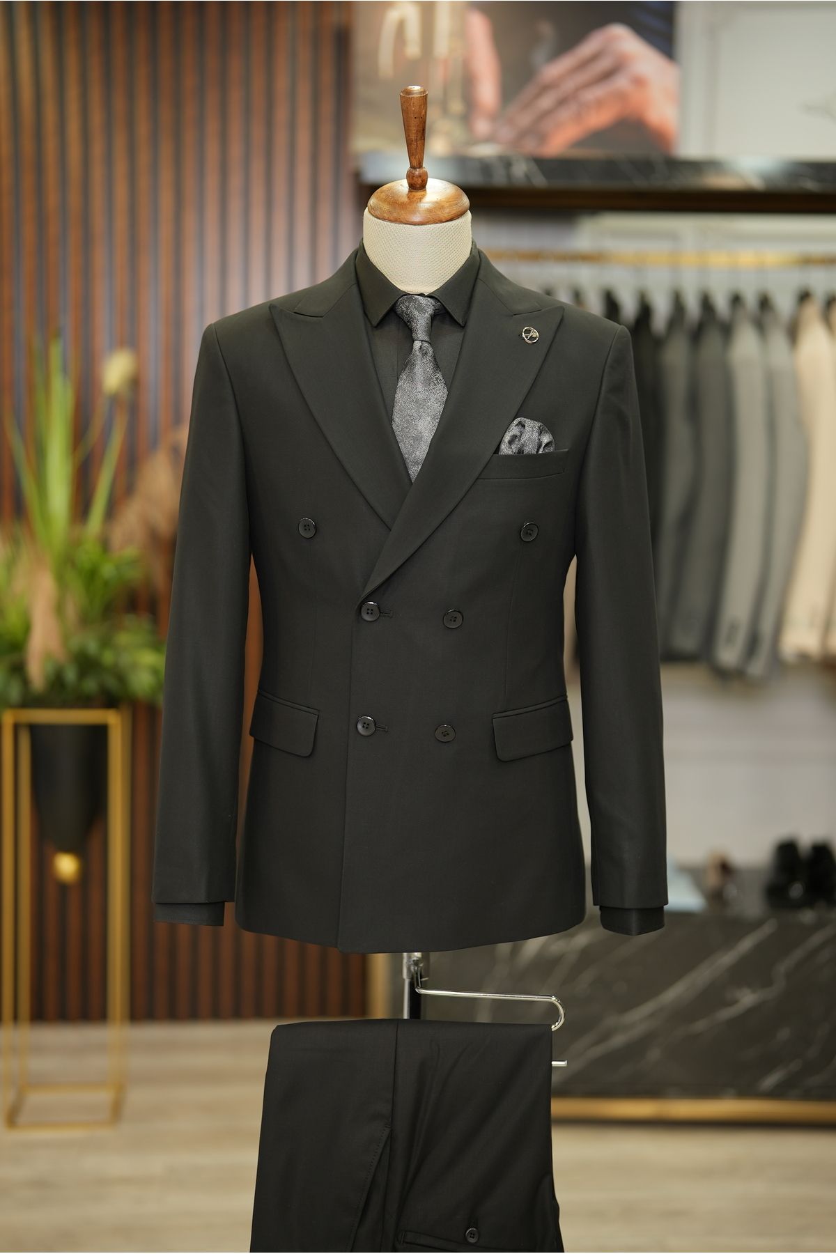 LONATOLİA Erkek Kruvaze Takım Elbise İtalyan Stil Slim Fit Ceket Pantolon-Siyah