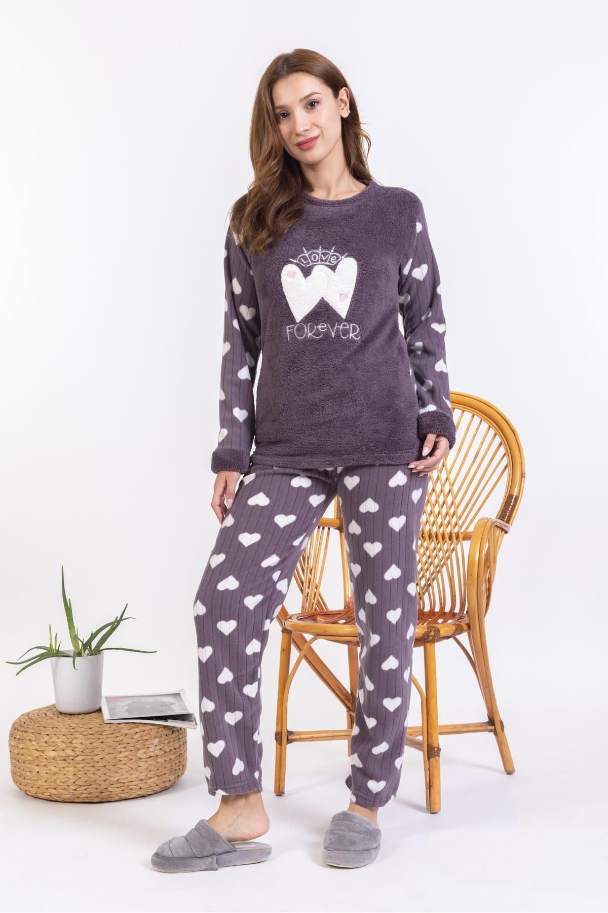 Mutlu City Yeni Sezon Sonbahar/kış Kadın Welsoft Polar Yuvarlak Yaka Kalp Desenli Kalın Pijama Takımı 30008