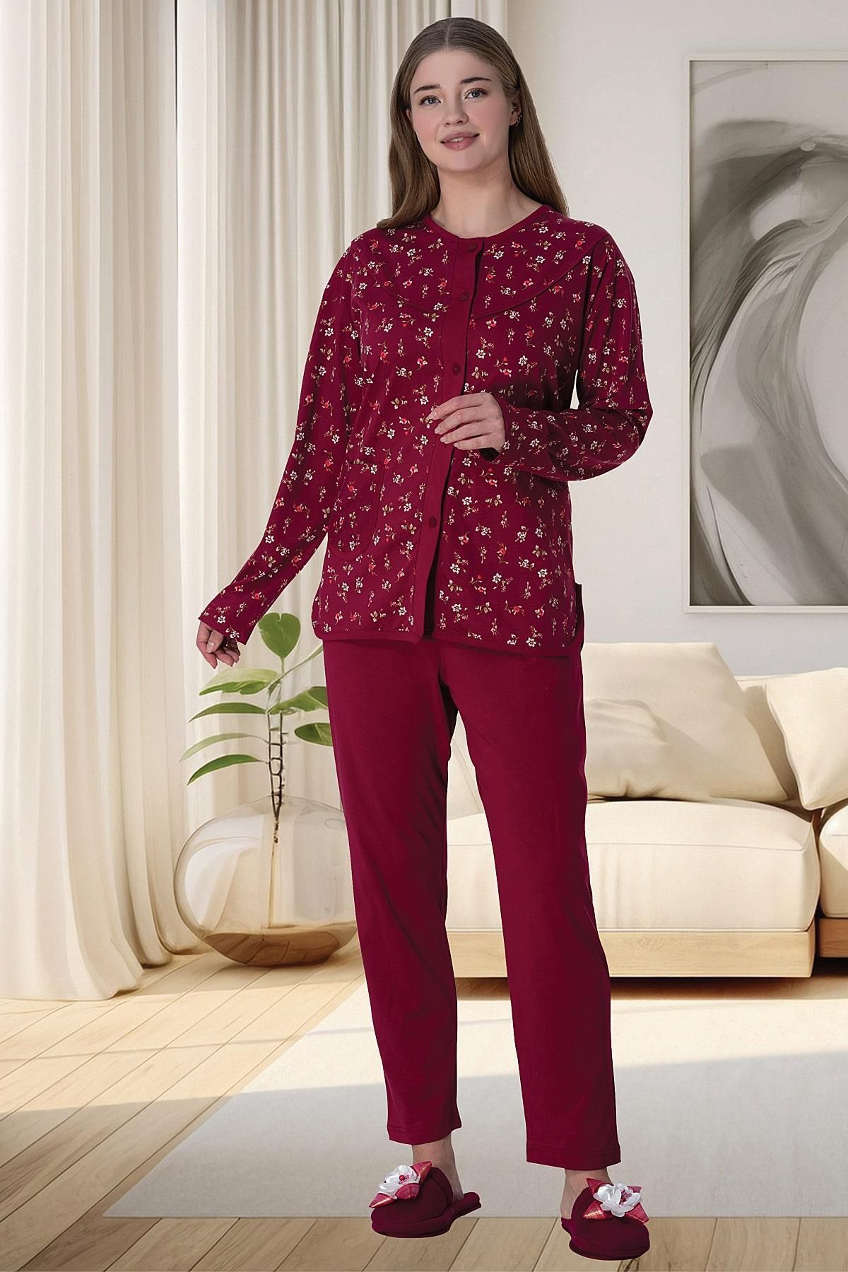 Mecit Pijama Boydan Düğmeli Büyük Beden Kadın(Anne) Pijama Takımı %100 Pamuk