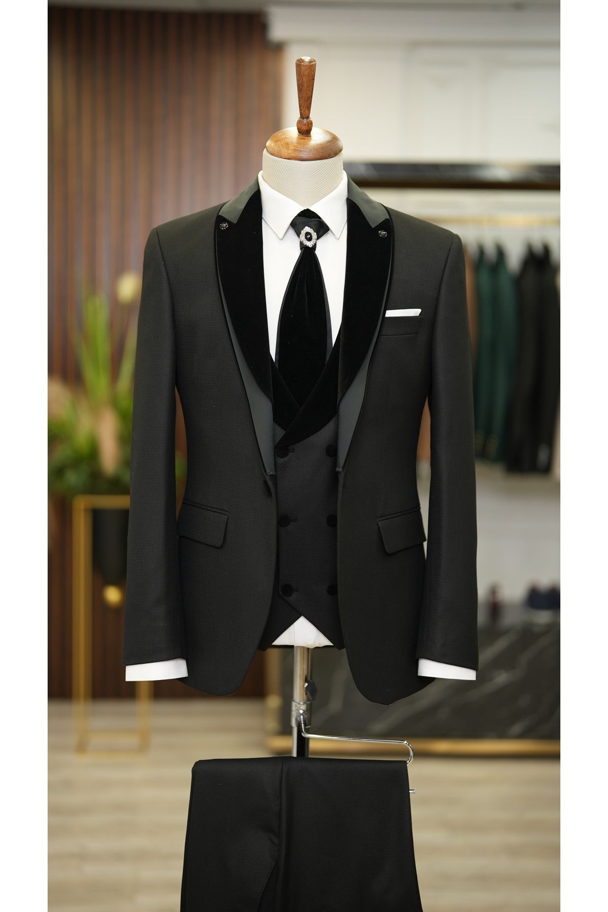 LONATOLİA Erkek Slim Fit İtalyan Stil Damatlık Smokin Ceket Yelek Pantolon Papyon-Siyah