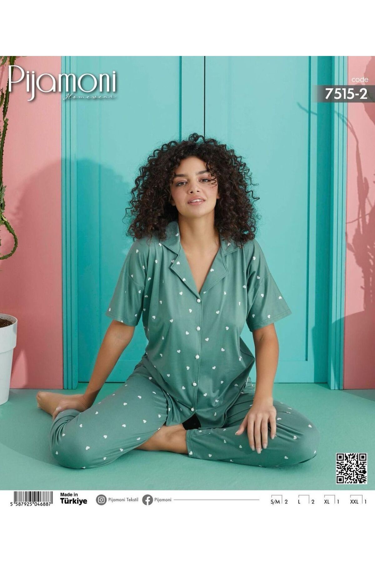 Pijamoni Milan Kumaş Yeşil Renkli Gömlek Yaka Kısa Kollu Kadın Pijama Takımı