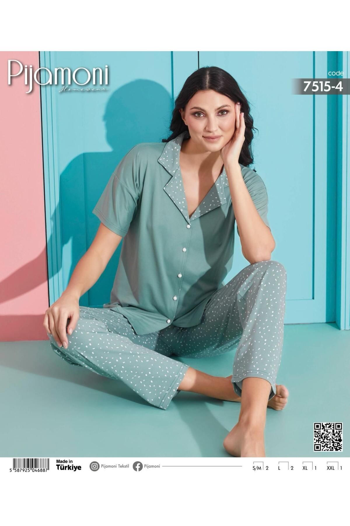 Pijamoni Milan Kumaş Gömlek Yaka Kısa Kollu Kadın Pijama Takımı