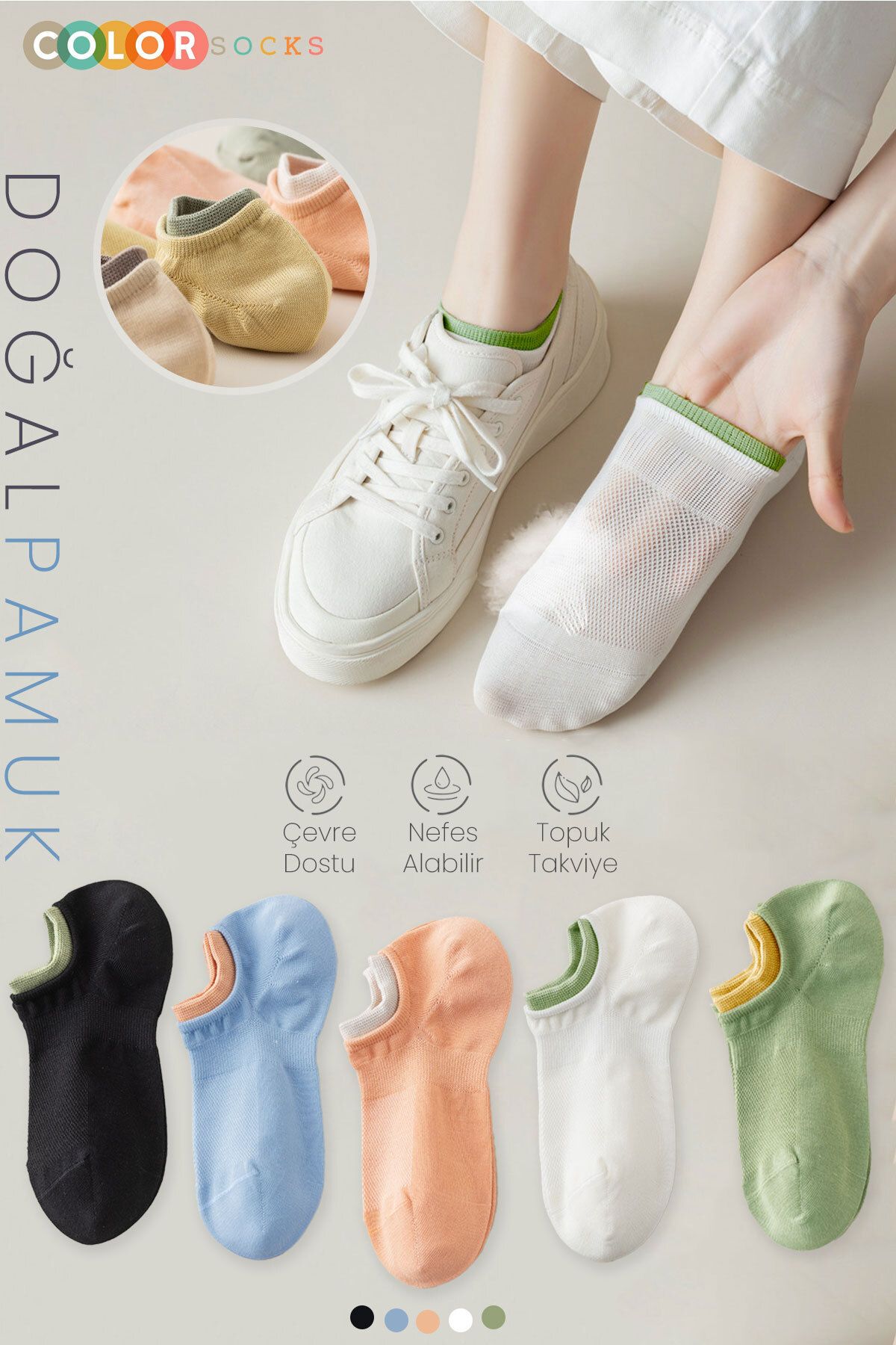 Color Socks 5 Çift Sport Kadın Patik Çorap Seti (Terletmez)