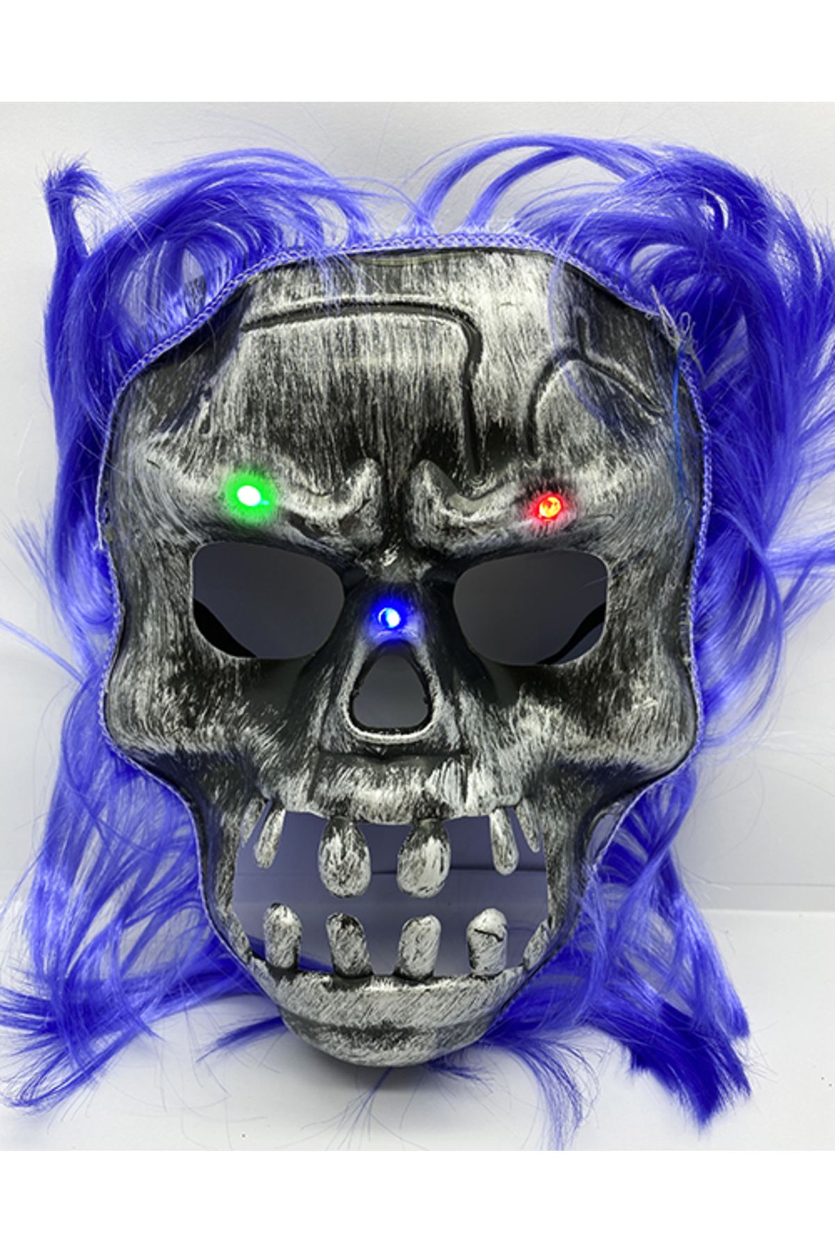 TWOX Mor Saçlı Led Işıklı Kuru Kafa İskelet Korku Maskesi 22x25 cm
