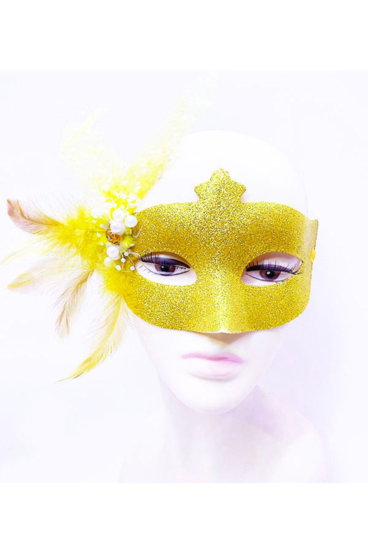 TWOX Sim İşlemeli İnci Boncuk Detaylı Tüylü Balo Maskesi Altın Renk 13x18 cm