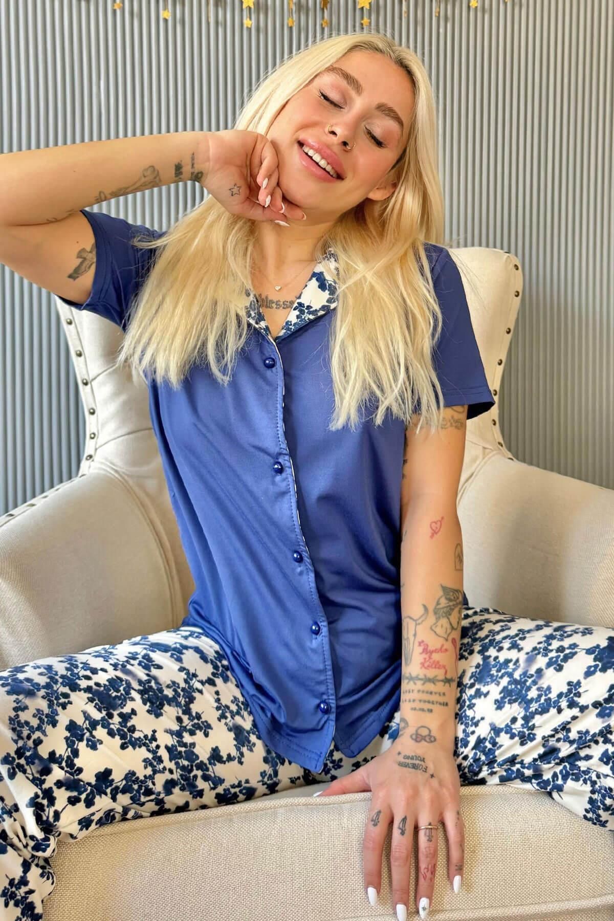 Pijamaevi Lacivert Florado Exclusive Önden Düğmeli Kısa Kollu Kadın Pijama Takımı