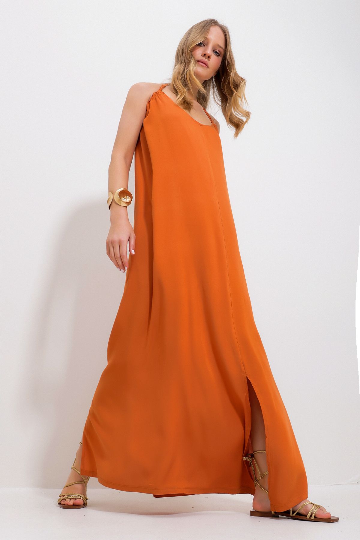 Trend Alaçatı Stili Kadın Kiremit Askılı Viskon Dokuma Elbise ALC-X11817