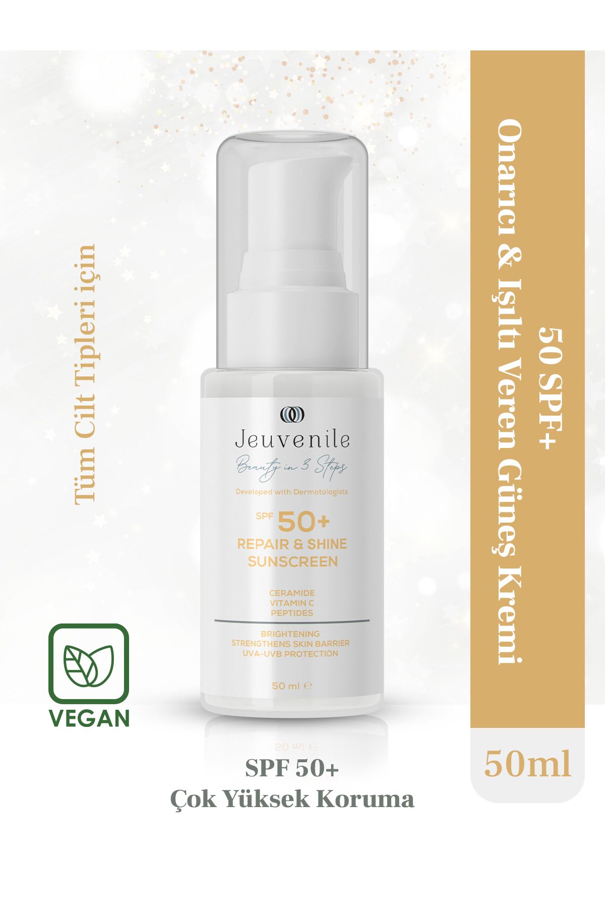Jeuvenile SPF 50+ Onarıcı & Işıltı Veren Güneş Kremi 50 ml (Ceramide, Vitamin C, Peptides)