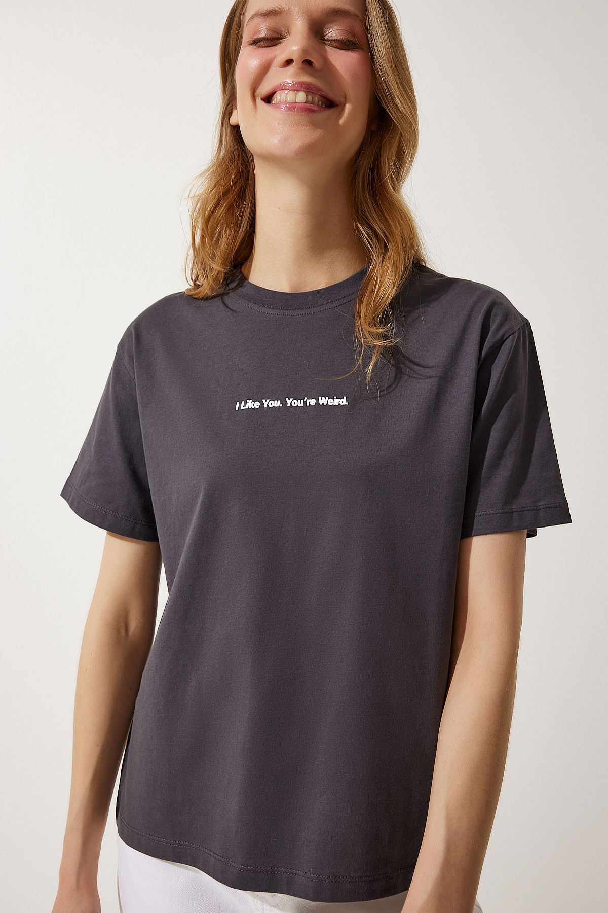 Happiness İstanbul Kadın Antrasit Baskılı Basic Örme T-Shirt NJ00141