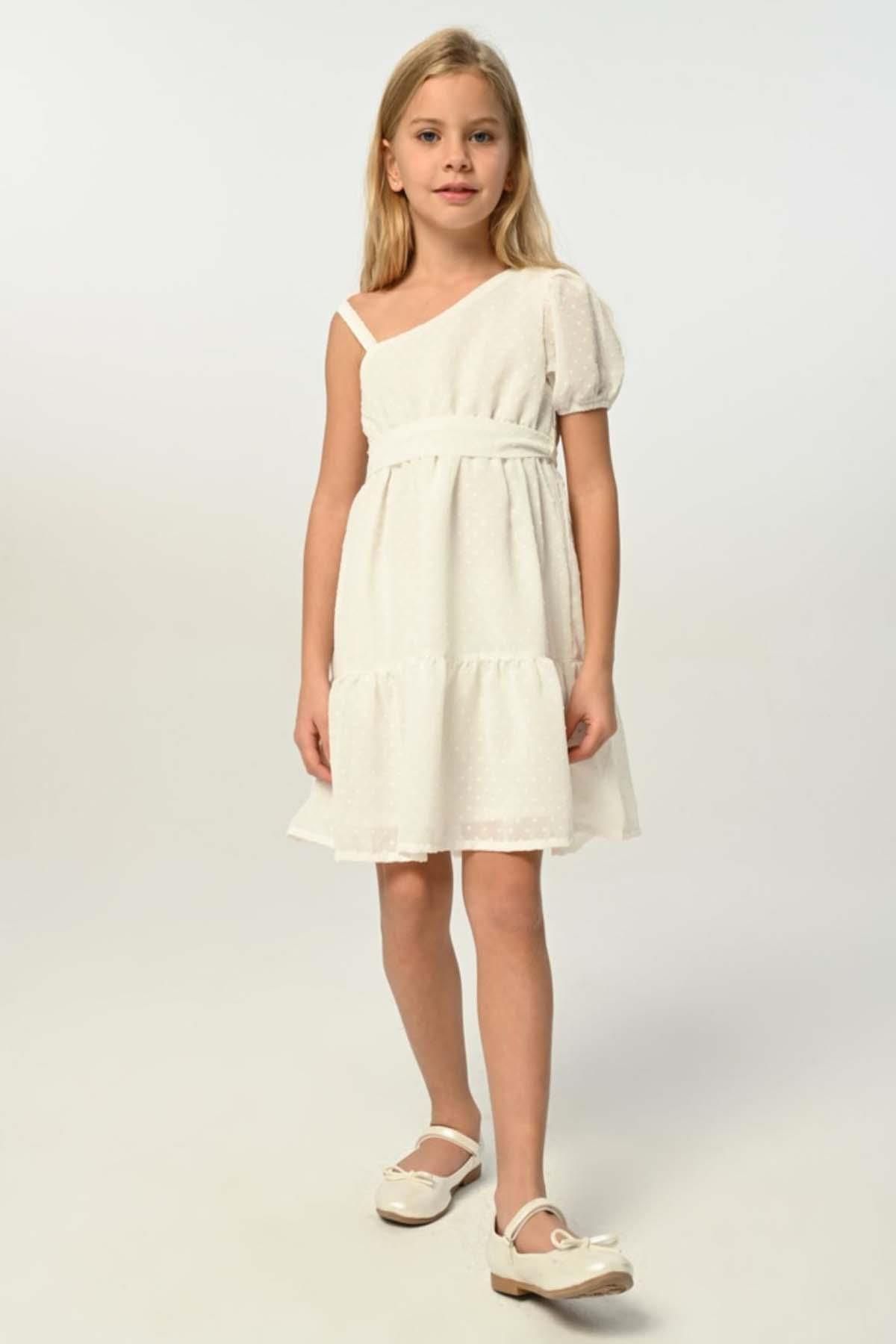Riccotarz Kız Çocuk Tek Omuzlu Kemer Detaylı Beyaz Şifon Elbise