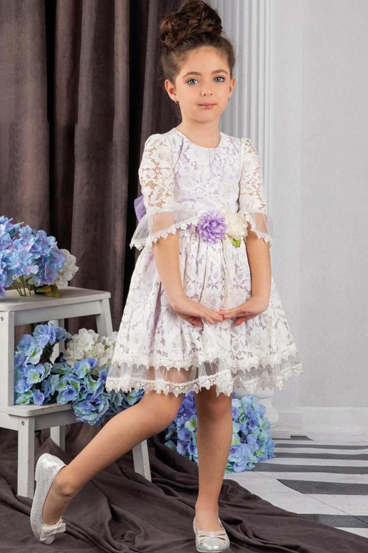 Riccotarz Kız Çocuk Dantel İşlemeli Çiçekli Lila Astarlı Elbise