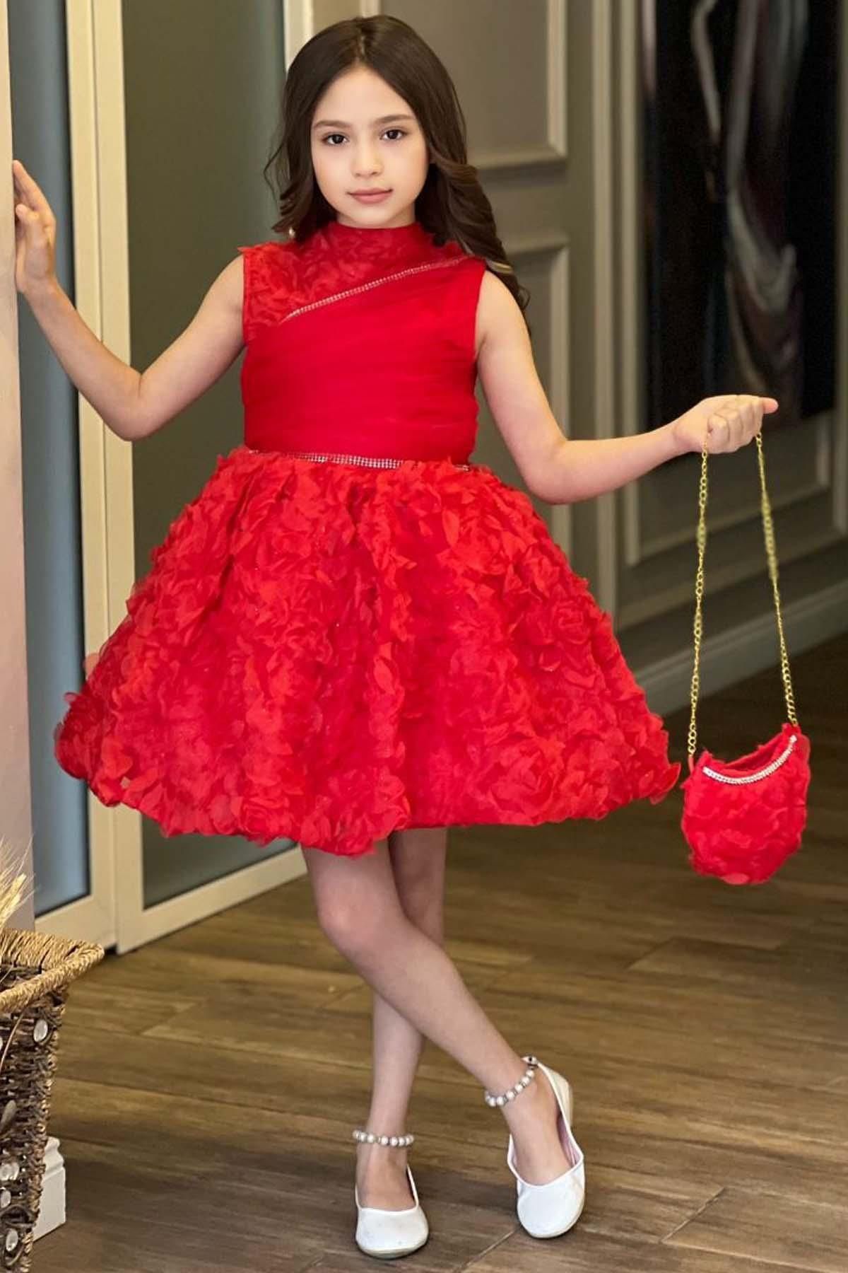 Riccotarz Kız Çocuk 3D Baskılı Göğsü Kat Kat Tül ve Gül Detaylı Taş İşlemeli Kırmızı Abiye