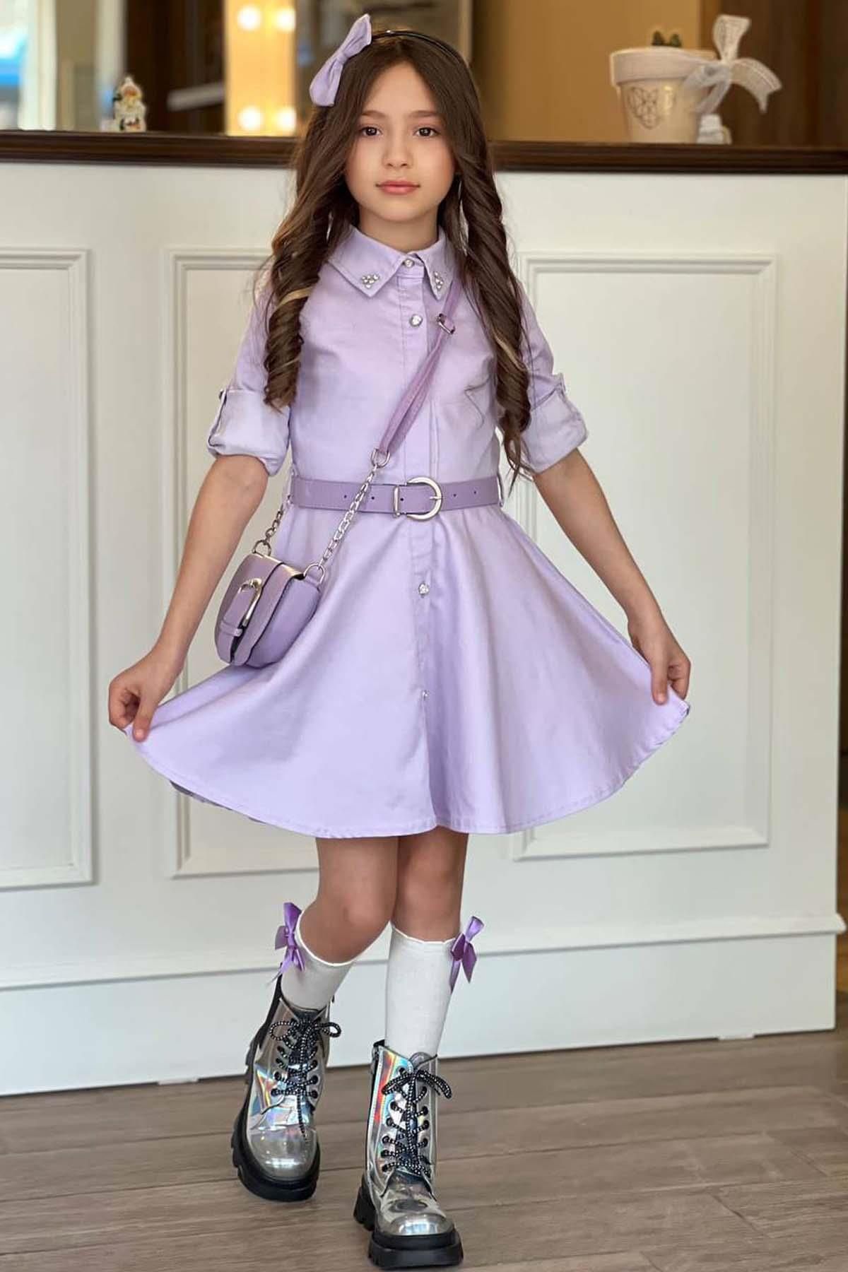 Riccotarz Kız Çocuk Yakası Taş İşlemeli ve Beli Kemer Detaylı Lila Kot Elbise