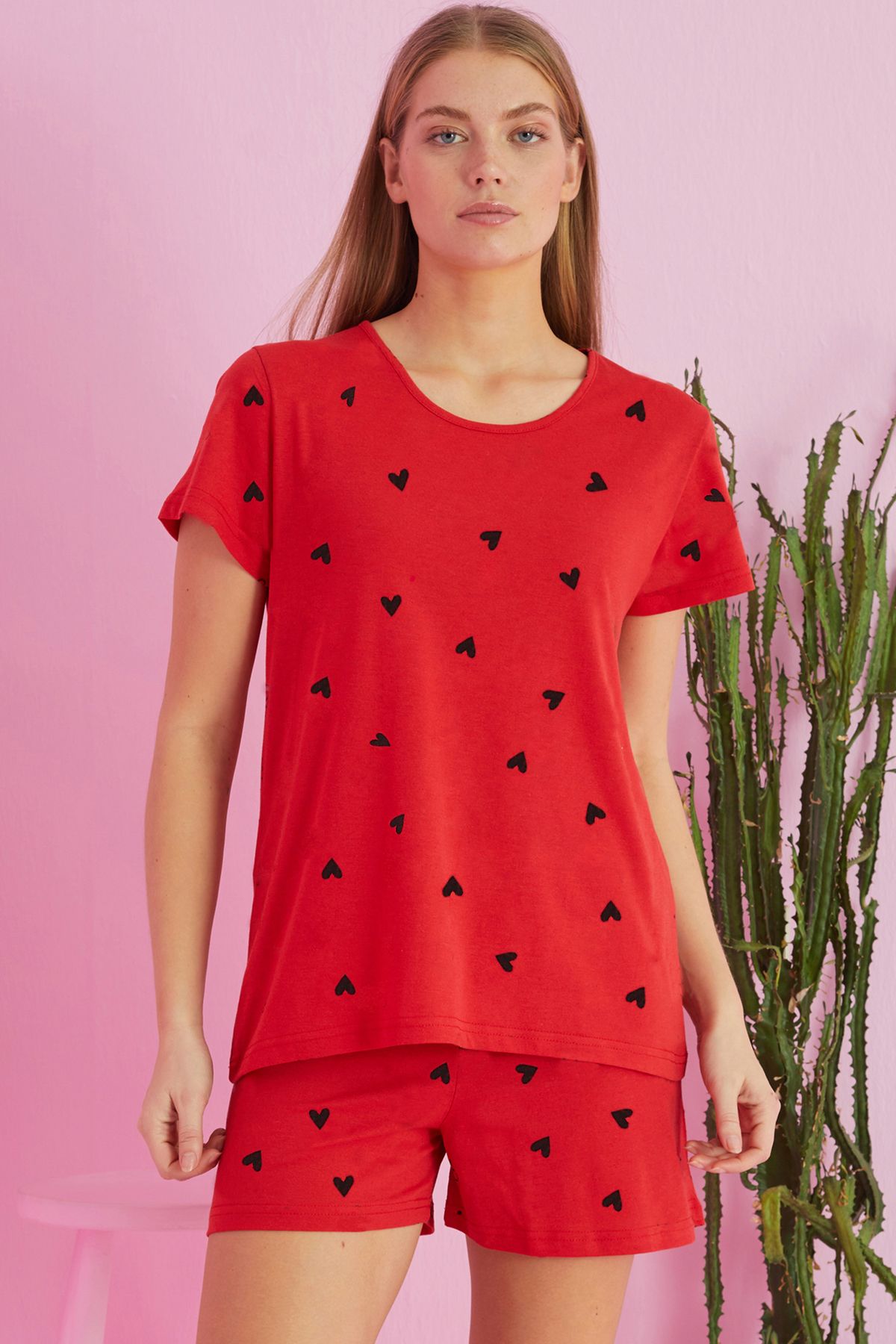 Siyah İnci kırmızı kalp desenli Pamuklu Şort-Pijama Takım