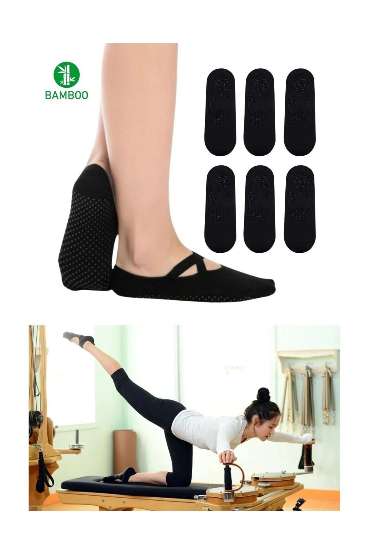 Aware Time 6 Çift Bambu Siyah Kaymaz Taban Silikon Baskılı Yoga Fitness Pilates Ve Aktivite Kadın Çorabı